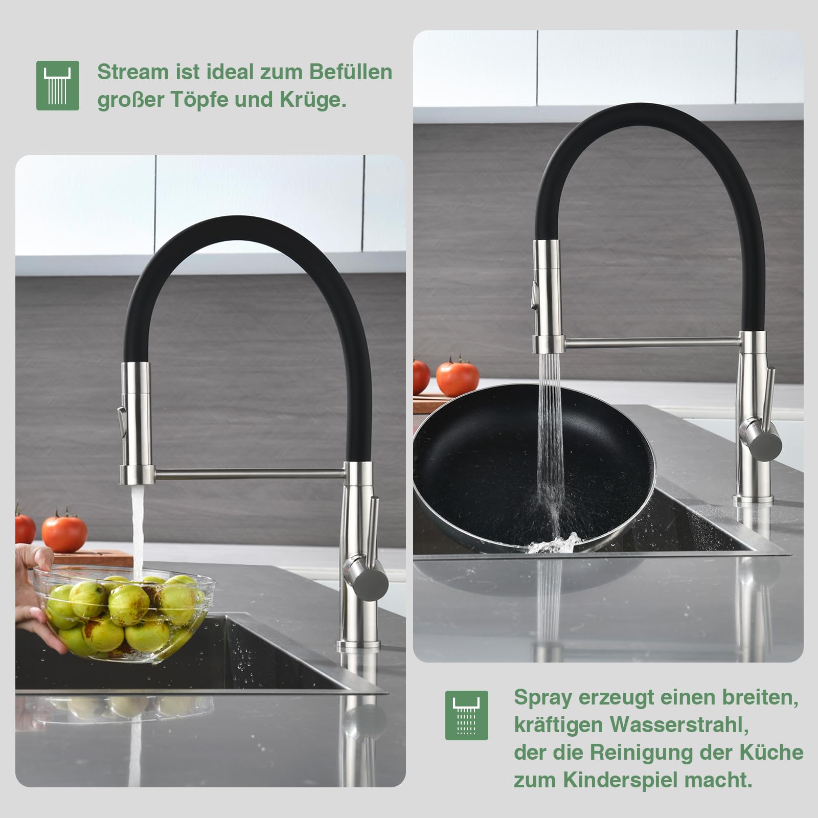 grifo cocina, flexible kitchen faucet, grifos cocina fregadero giratorio 360°, torneira cozinha acero inoxidable, grifo de cocina com dois modos de duche (Cepillado)