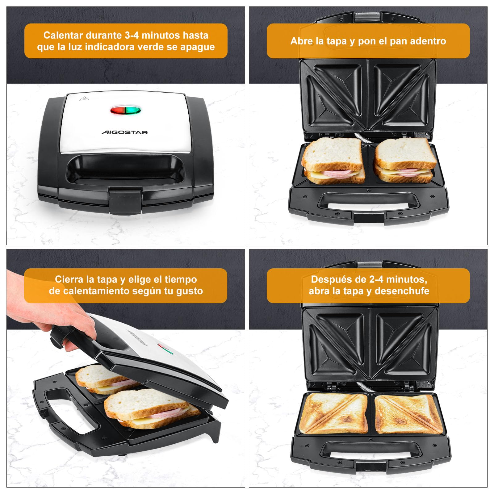 Aigostar Lamo - Sandwichera, 800W, Revestimiento Antiadherente, Libre de BPA, Placas con Forma Triangular, Indicador LED, Asa de Tacto Frío, Almacenamiento Vertical, Color Acero y Negro
