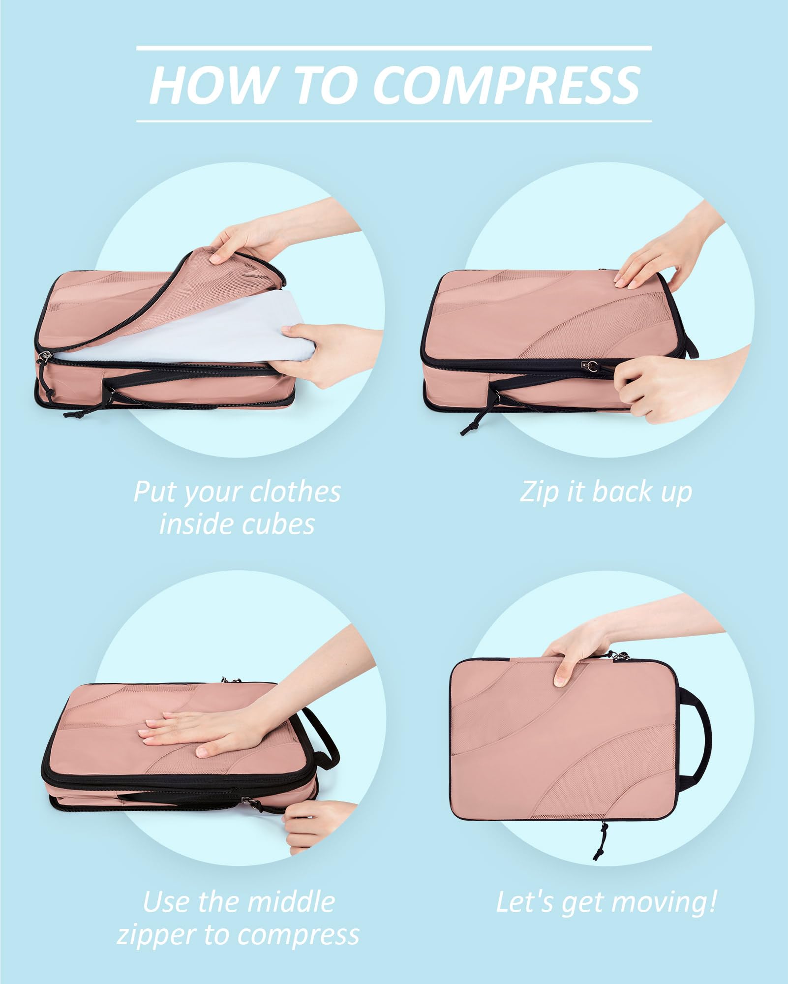 BAGSMART Kompressions-Verpackungswürfel, 6 Set/4/Set/2er-Set, Reisepackwürfel für Handgepäck, Kompressionskoffer-Organizer, Taschenset und Reisewürfel für Gepäck, leichte Pack-Organizer, 06-Dusty Pink