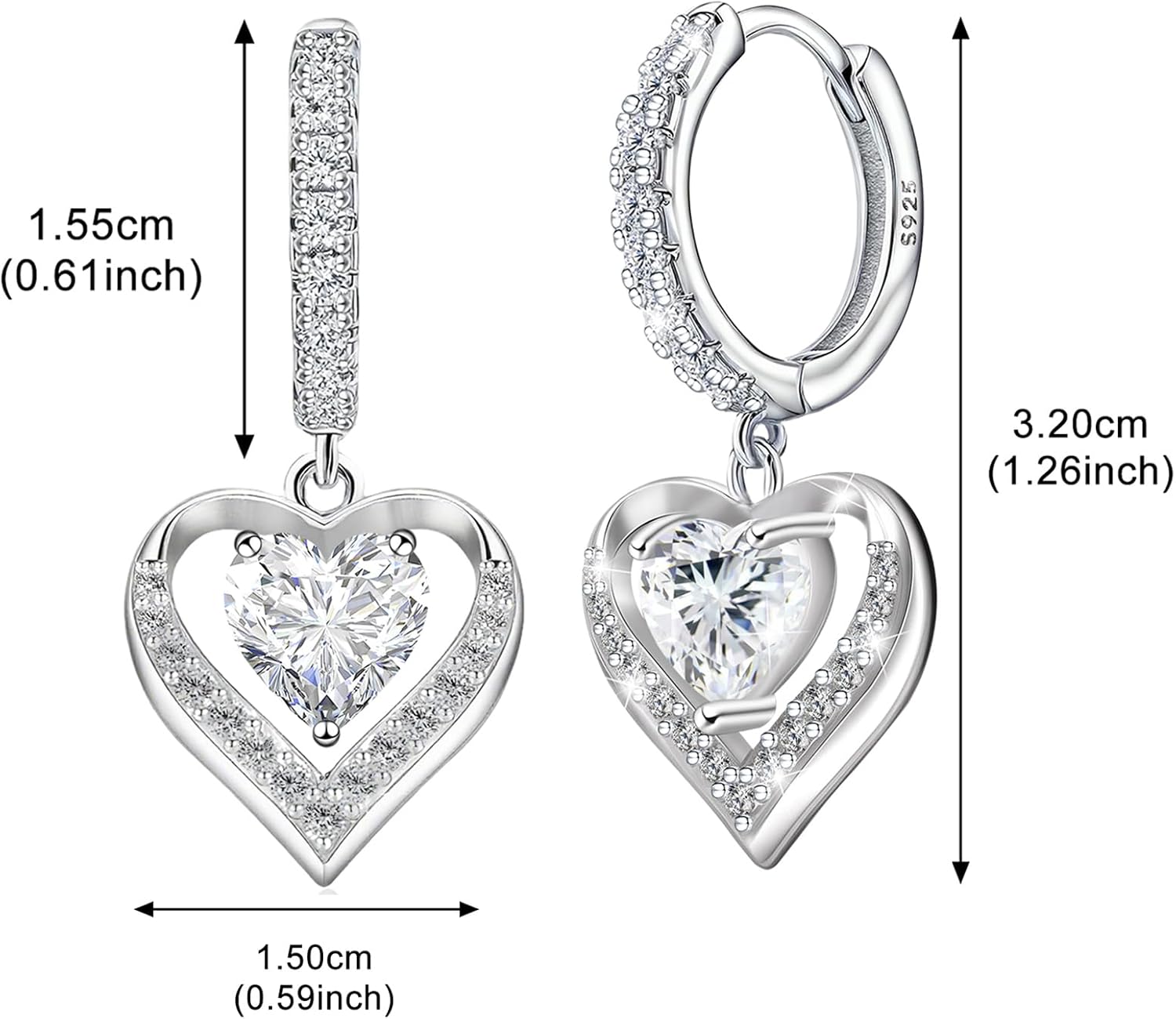 Heart Dangle Hoop Earrings for Women - Sterling Silver Cubic Zirconia Double Love Heart Shaped Hoop Charm Earrings Hypoallergenic Nickel Free Sparkle CZ Loop Dangling Earring Classic Jewelry Gifts - Image 6