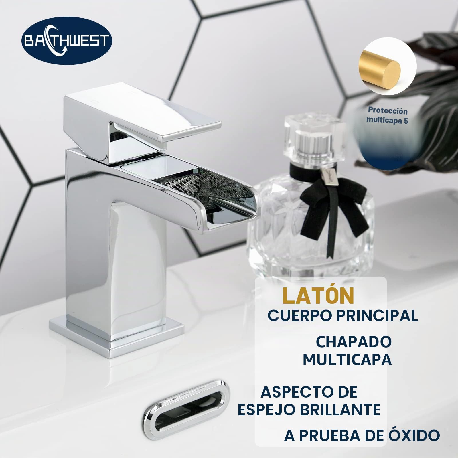 Grifos de lavabo cuadrados de cascada con desagüe, grifos monomando de latón cromado monobloque con tapón de fregadero 612M