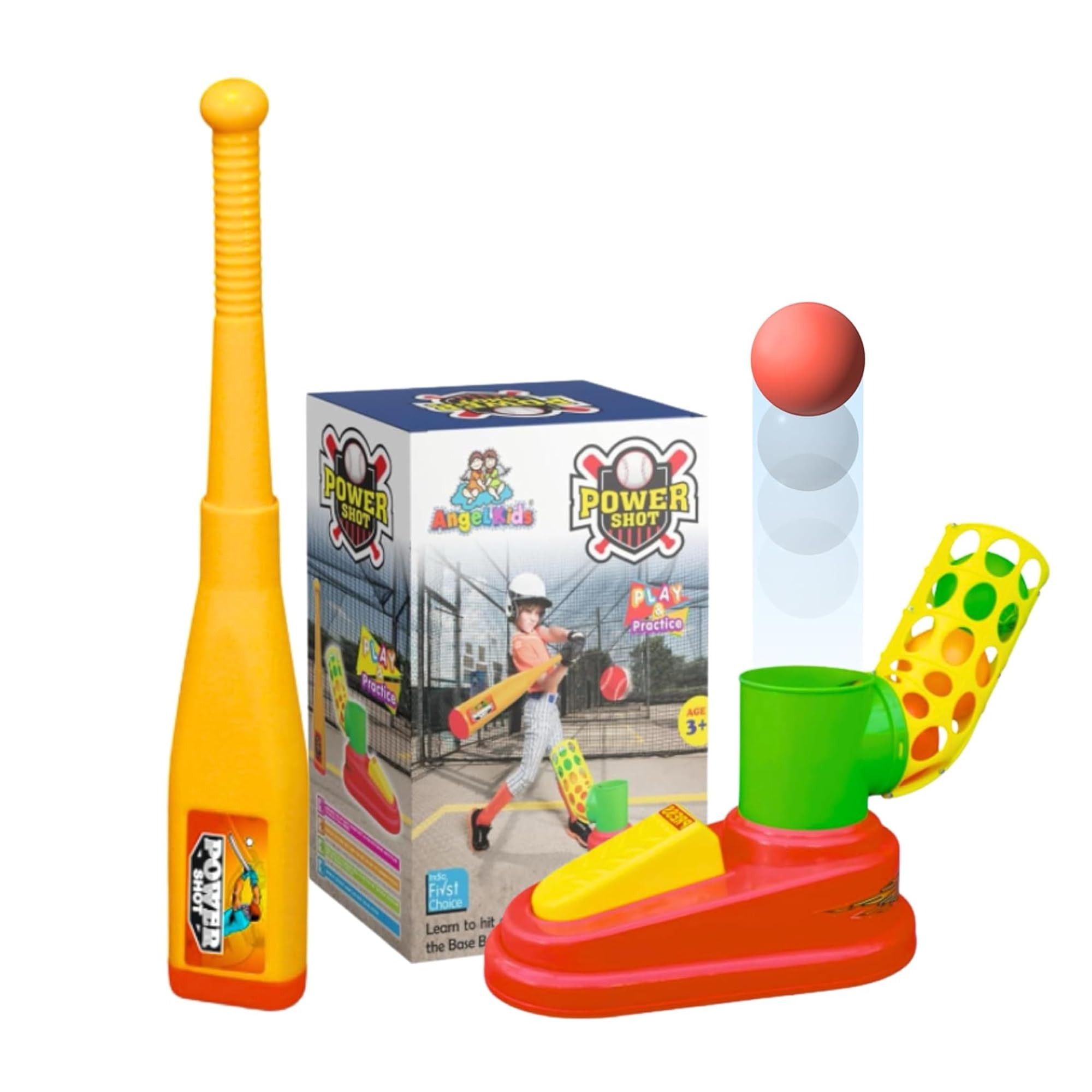 toy bharat power shot kids automatic ball shooter with bat | plastic pitcher power shot game bat-ball | multicolor (pack of 1)