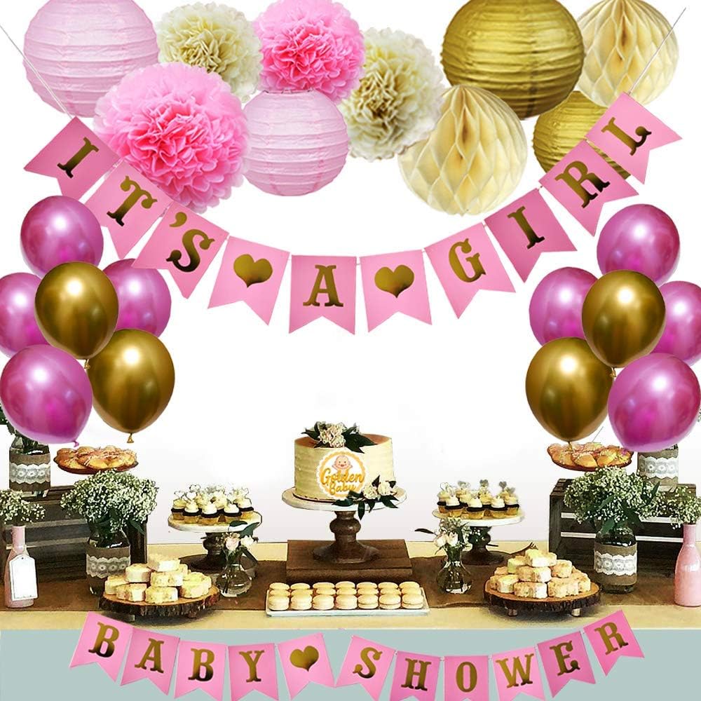 Golden Baby Shower Decorations for Girl Favors - Photo Booth Props, Garland Bunting Banners, Balloons, Ebook Baby Shower Games