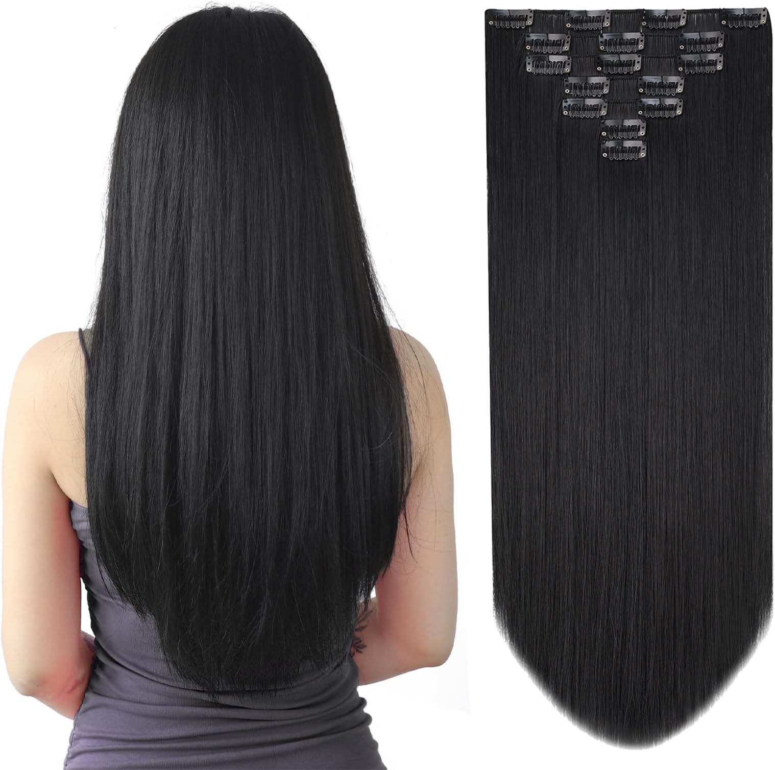 SYXLCYGG Black Hair Extension Straight Clip Hair Extensions 22" 5 Oz Synthetic Cheap Fake Hair Piece Women's Easy To Use Fluffy&Not Tangled