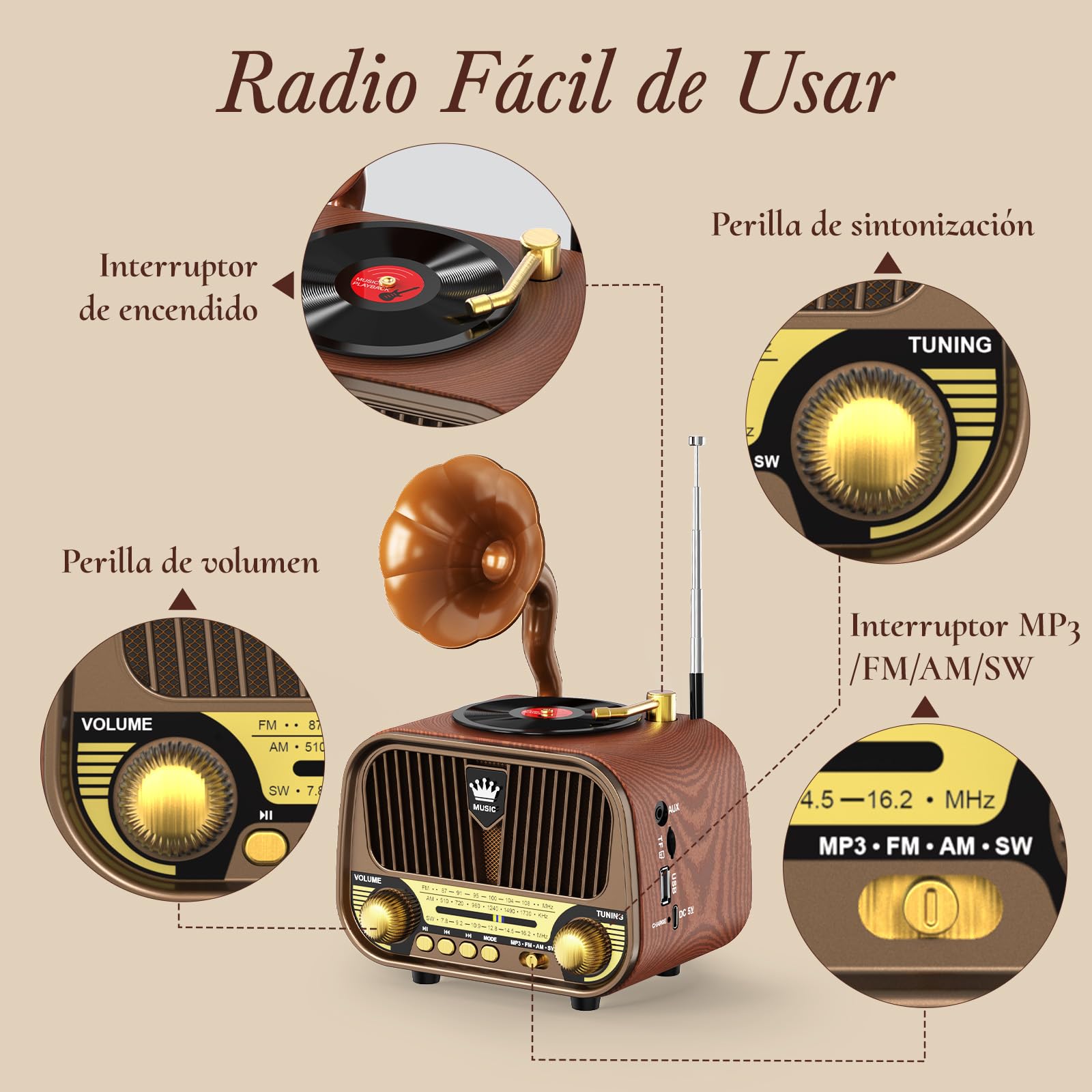 PRUNUS J-190 FM/Am/SW Radio Vintage Retro, Radio Portatil Pequeña Recargable de 1800mAh, Transistor Radios Excelente Recepción, Altavoz de 5W | Bluetooth 6.0 | USB/TF/AUX | Regalos Navidad