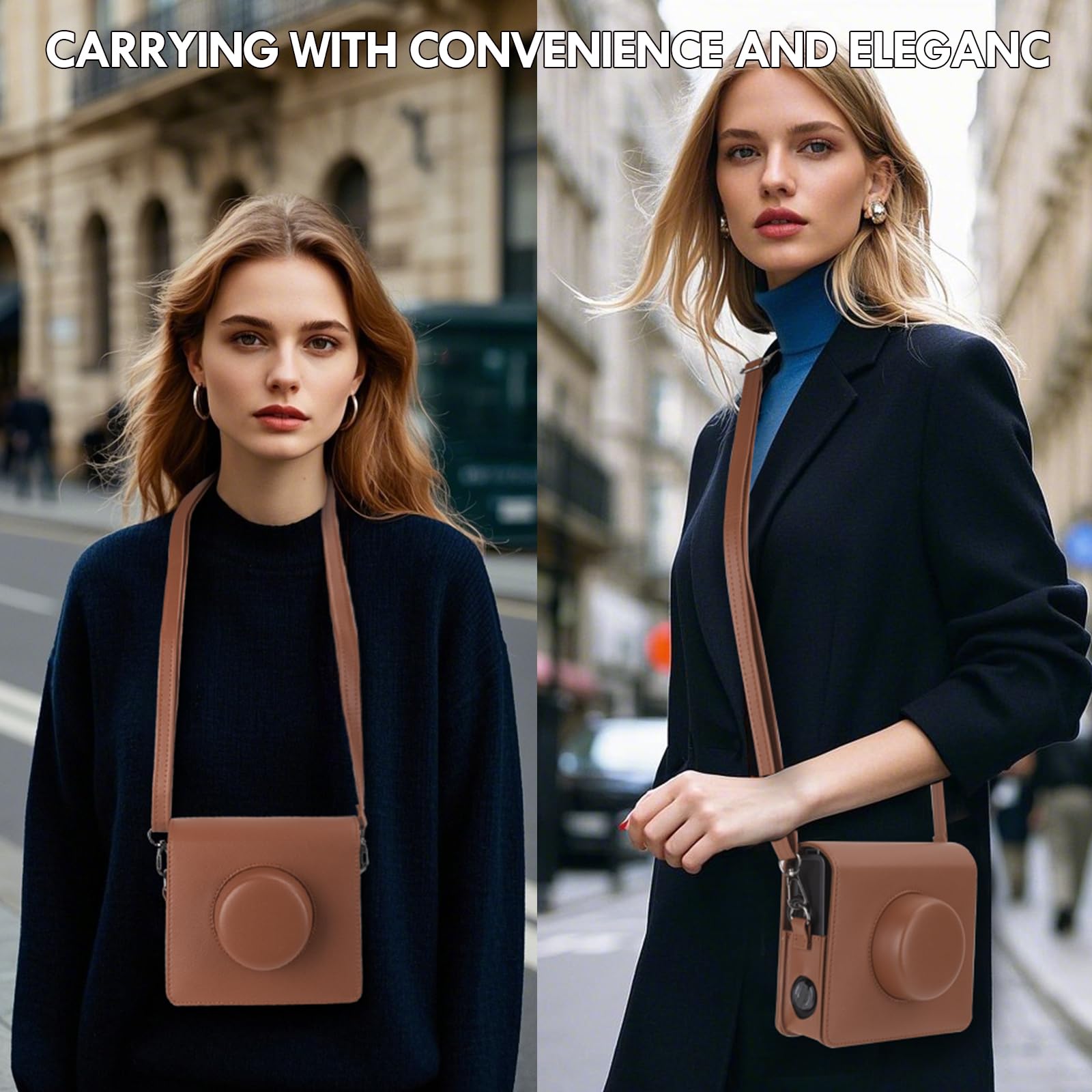HIQYIN Étui Instax Wide Evo, Coque de Protection Compatible avec l'appareil Photo instantané Hybride Fujifilm Instax Wide Evo, étui de Transport en Cuir PU avec bandoulière réglable - Marron