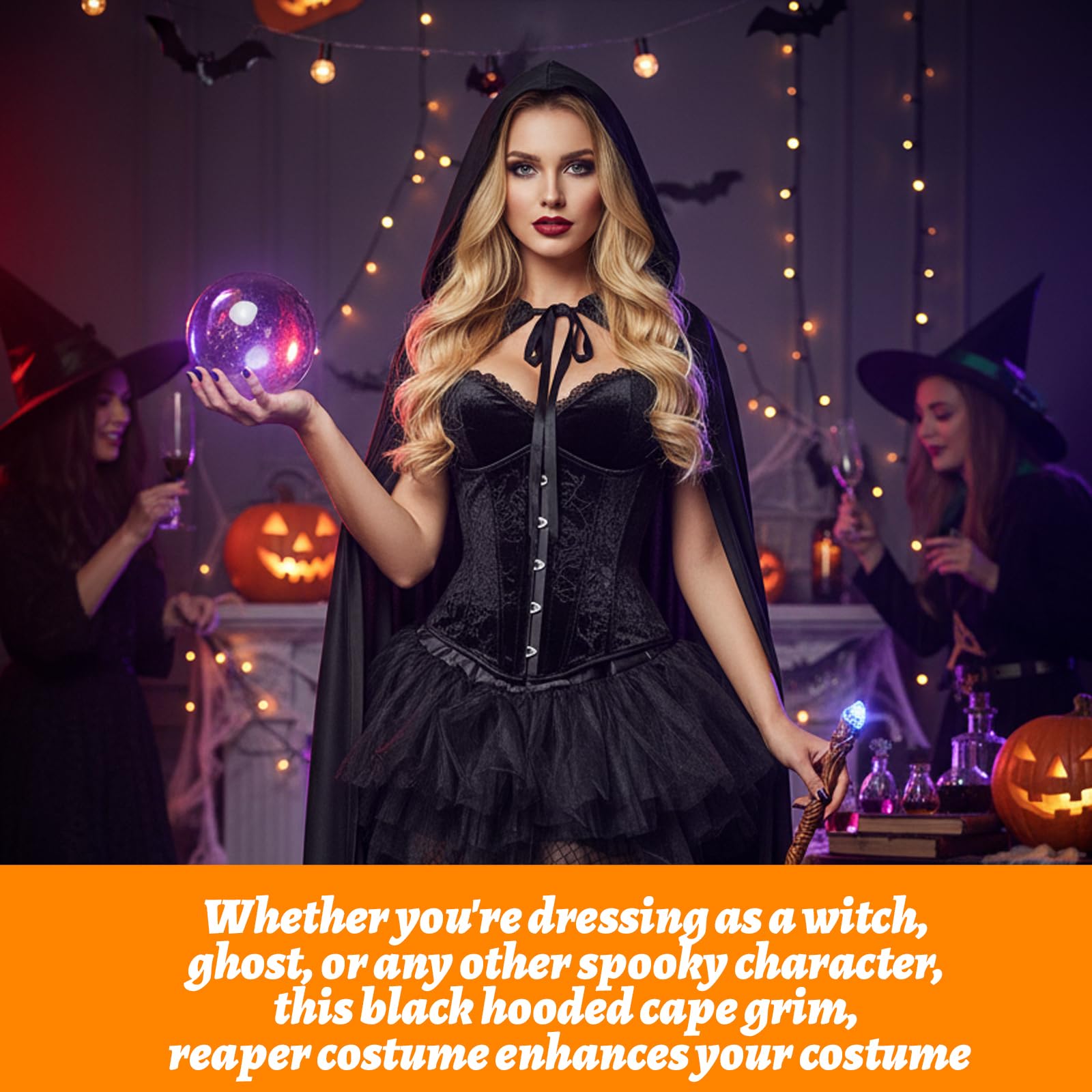 KYEDGC 160CM Black Cloak Ghostface Costume Black Cape Wizard Costume Adult Voldemort Costumes Grim Reaper Vampire Witch Carnival Halloween Adult Wizard Costumes - Image 4