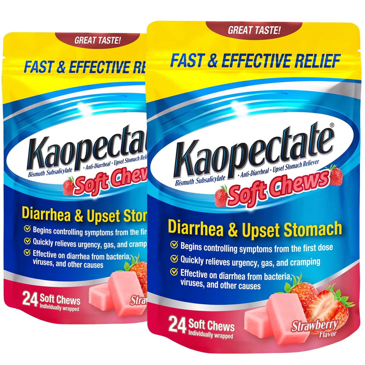 Kaopectate Strawberry Soft Chews (24-Count) — Diarrhea Medication for Adults with Bismuth Subsalicylate, Anti-Diarrhea Medicine for Stomach Relief (Pack of 2) — EXP: 12/31/2027