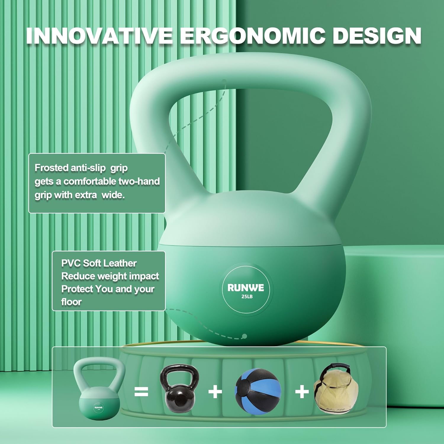 RUNWE Soft Kettlebell for Women 5lb 10lb 15lb 20lb 25lb, Sand Filled Quiet Floor-Friendly Kettlebell, Anti-Slip Home Gym Fitness Equipment for Apartment Postpartum Recovery