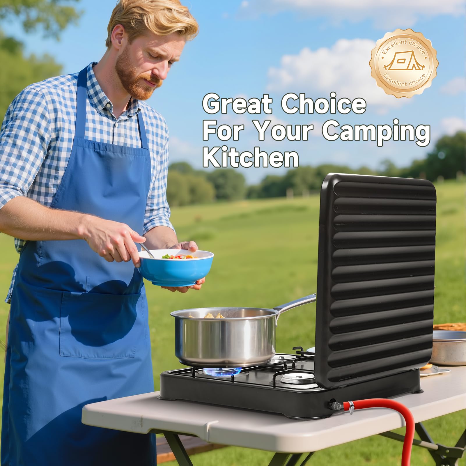 Warmiehomy Camping Gaskocher, 4 Brenner Tragbarer Gaskocher, 8800W Gasherd Kocher mit Deckel & Regler, Propan Campingkocher für Camping, Garten, Reisen, Outdoor Kochen