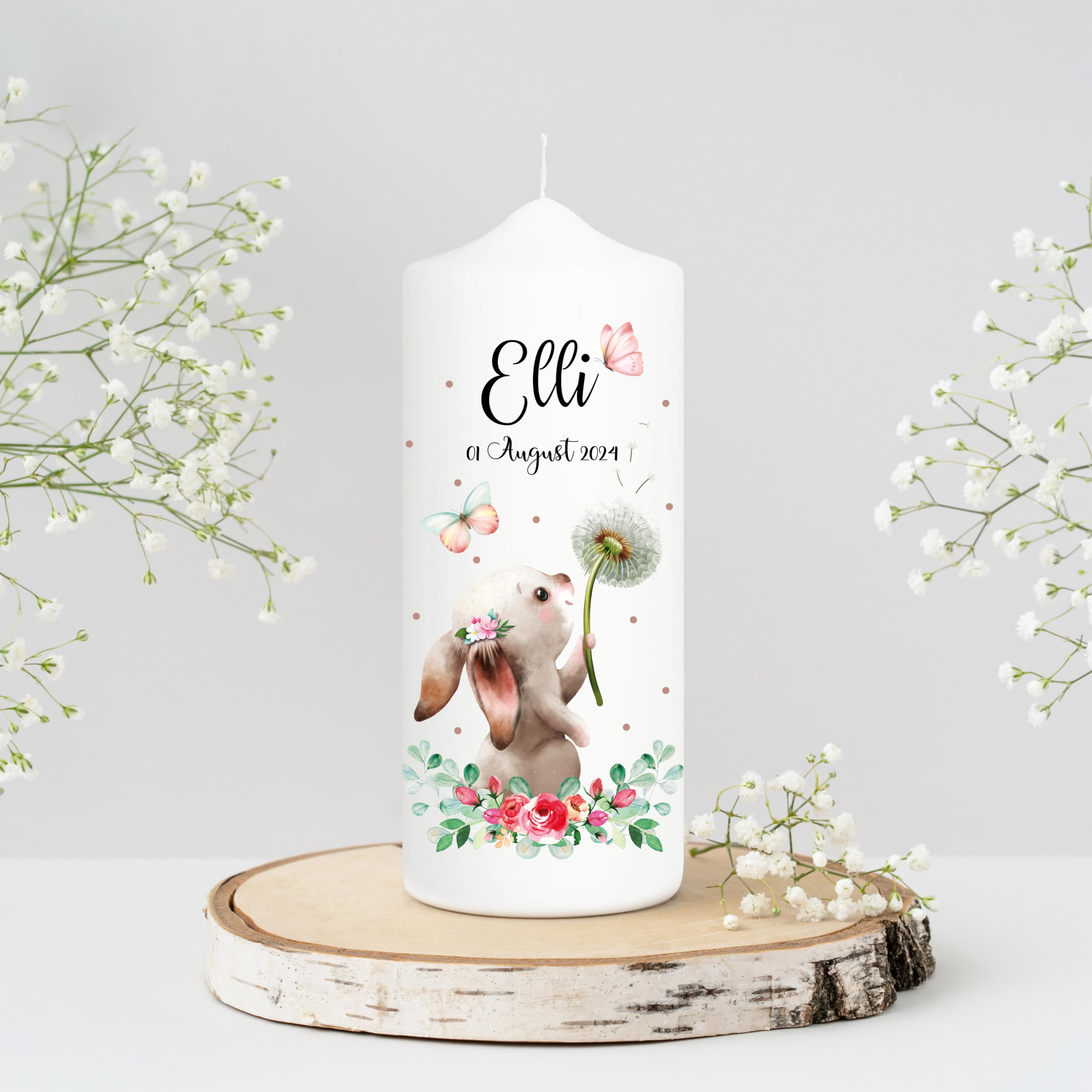 Wandtattoo Loft Taufkerze Mädchen oder Junge mit Taufspruch + Patenkerze, Motiv Hase mit Pusteblume, 25cm x 7cm, personalisierte Kerze, bedruckte Kerze zur Taufe, Stumpenkerze, Taufgeschenk