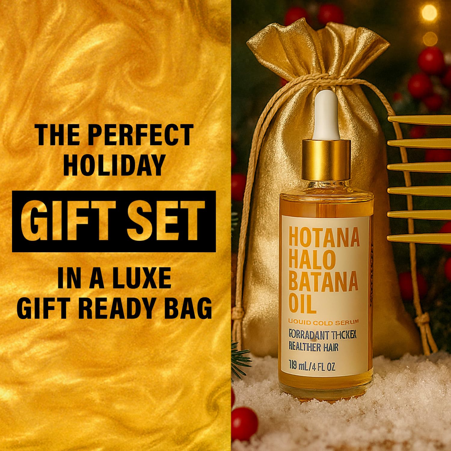 The-Mix-Up Batana Oil for Hair Growth, Halo Liquid Gold Serum - Raw Batana Oil with Kukui and Tiare Absolute Gardenia - Widetooth Gold Comb, Gold Bag - Holiday Gift Ready Gift Set