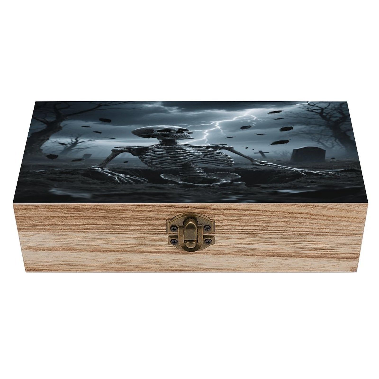 VstaDank Skull Wooden Box Sturdy Vintage Storage Box with Hinged Lid Exquisite Wood Keepsake Boxes Large Jewelry Case Cute Trinket Holder Unique Gift for Men & Women