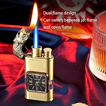 Dual flame lighter, switchable jet flame and open flame lighter, portable size, windproof lighter with visible air chamber, adjustable flame, refillable, suitable as a gift for male friends (butane no