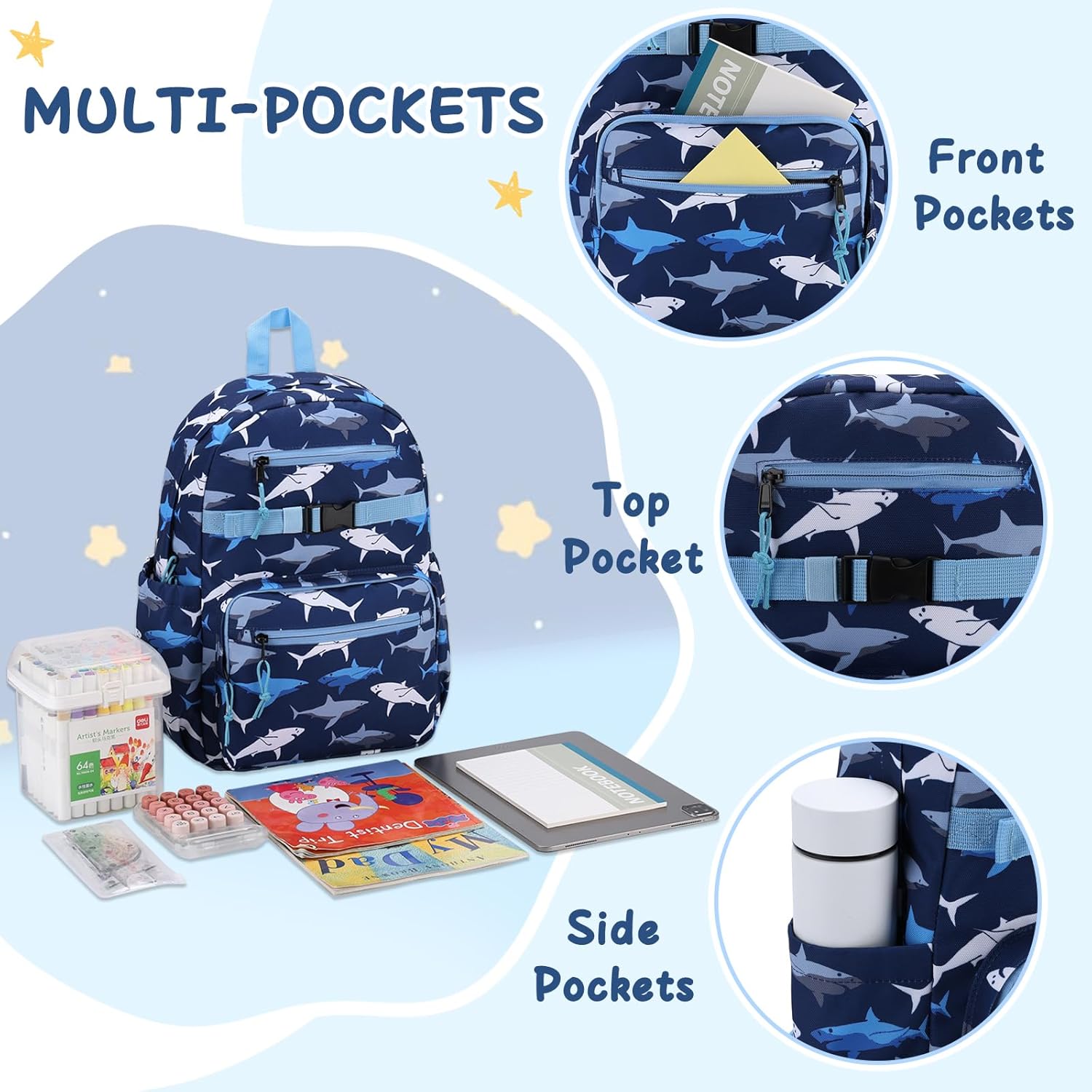 Kids Backpack for Boys Ages 5-10 | 16-Inch Shark Elementary School Bookbag | Water Resistant & Lightweight for Travel - Image 3