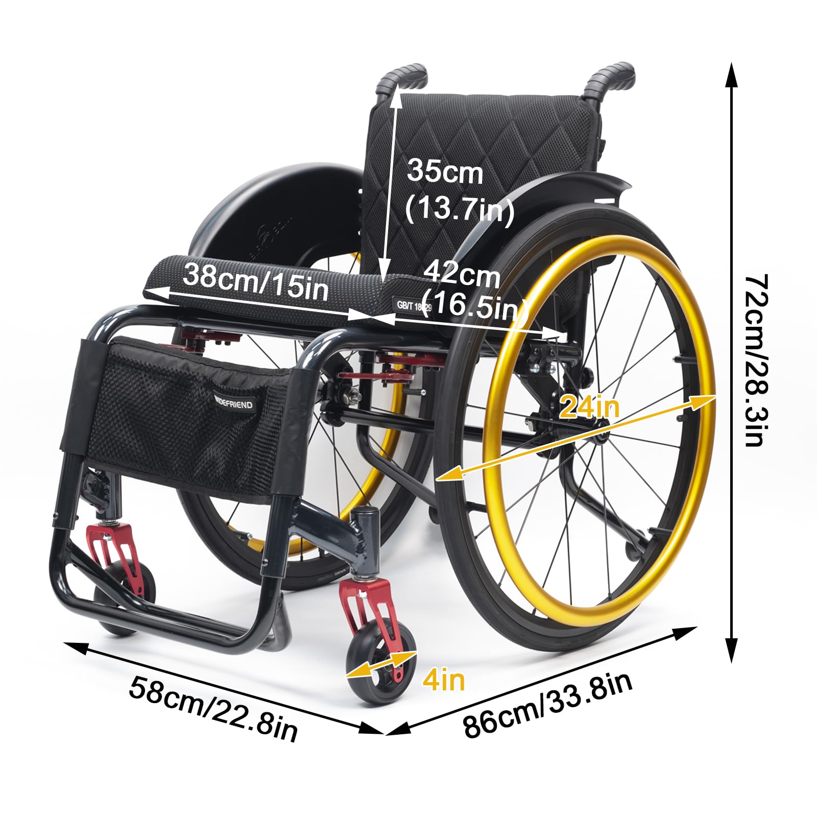 Sedia a rotelle sportiva leggera per tutti i terreni, sedia a rotelle in lega di alluminio, sedia a rotelle manuale semovente,Sedia a rotelle da transito,Freni a maniglia, Antiribaltamento(Seat width