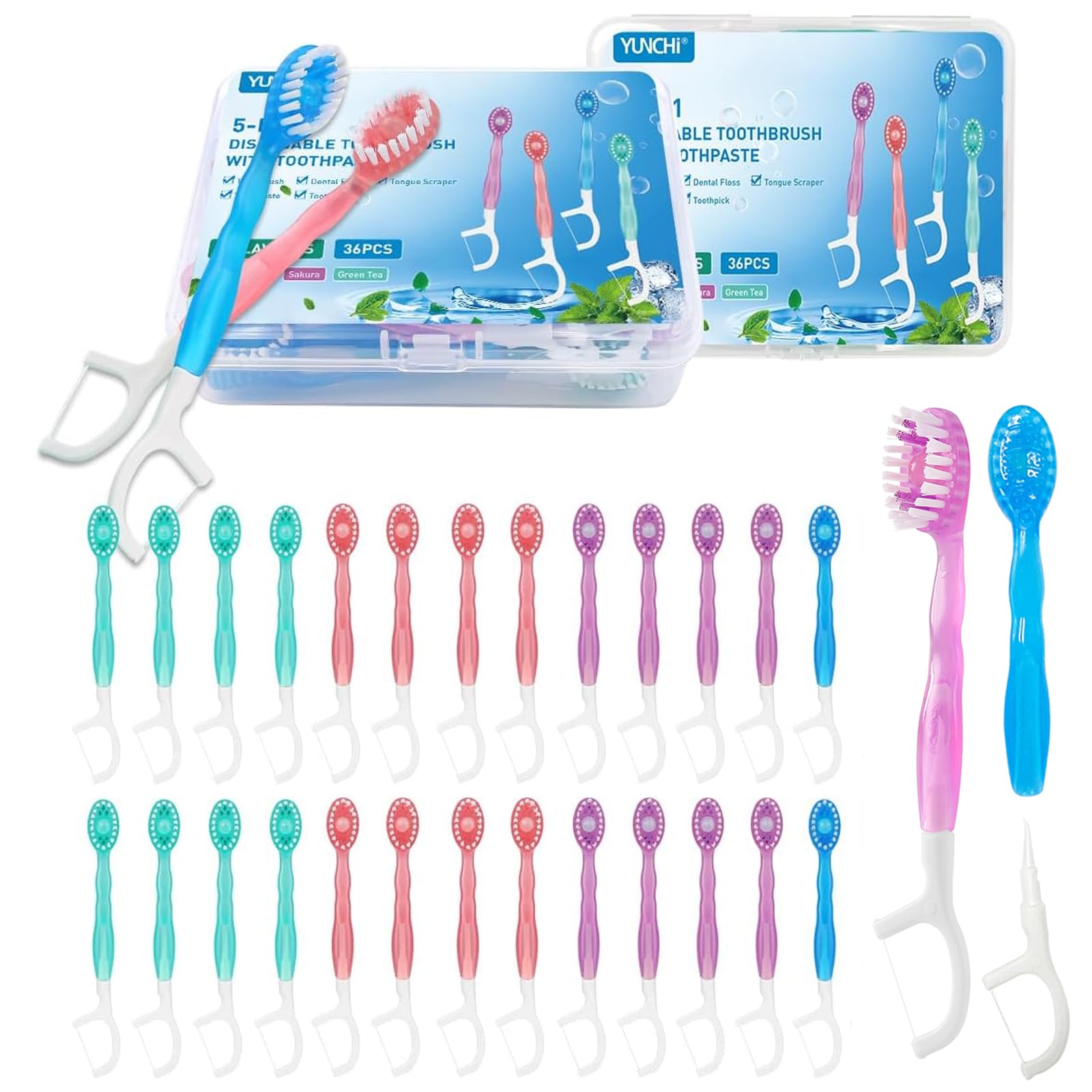 YUNCHI Mini Zahnbürste 5 in 1 Einmalzahnbürsten mit Zahnpasta + Pickel + Zungenschaber + Zahnseide, Reisezahnbürste Einzeln Verpackt für Camping Geschäftsreisen Kinder Erwachsene