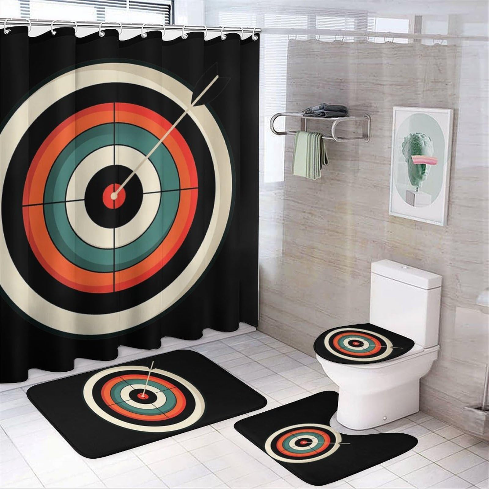 CGSBNGHA Bullseyes Target Bulls Eyes Shower Curtain Set 4 Piece Bathroom Sets with Rugs Toilet Lid Cover And U-Shaped Floor Mat
