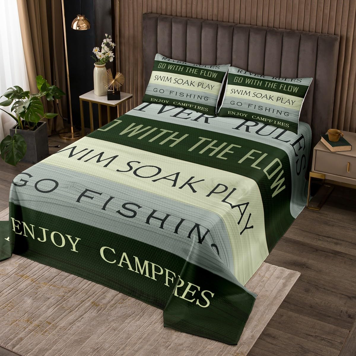 River Theme Bedspread Set Queen Size for Kids,Boys Girls Rustic Farmhouse Quilt Set Green Wood Panels Bedspread Coverlet Go Fishing Bedspread 3 Piece Decorative Bedding Quilted with 2 Pillow Shams