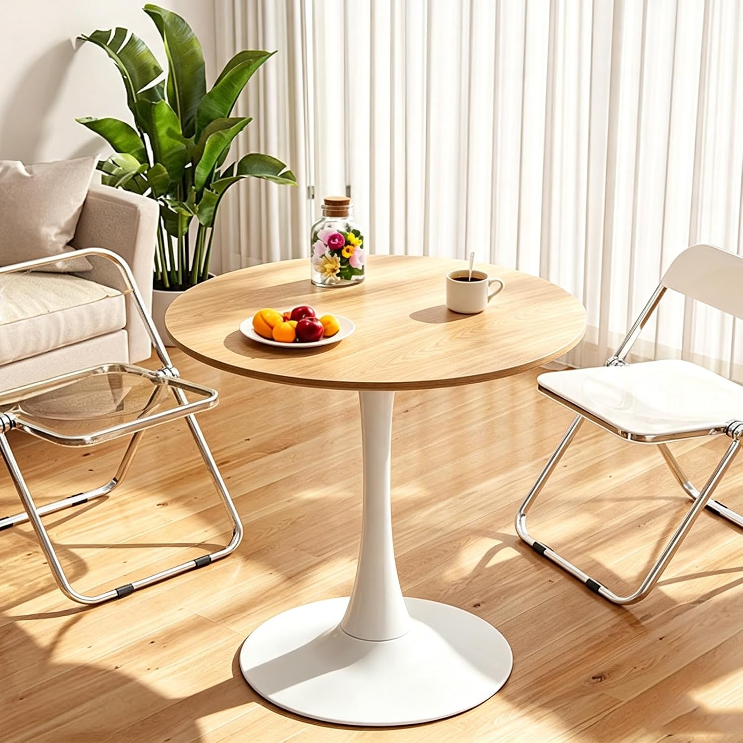 27.5” Round Tulip Dining Table, Mid Century Modern Style, Oak