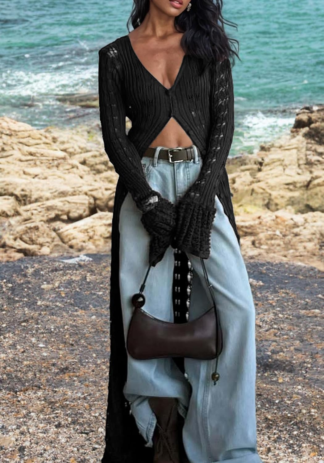 Unybwonn Long Cardigans for Women Crochet Hollow Out Knit Sweater Cover up Maxi Dress Long Sleeve Button Down Cardigan - Image 4