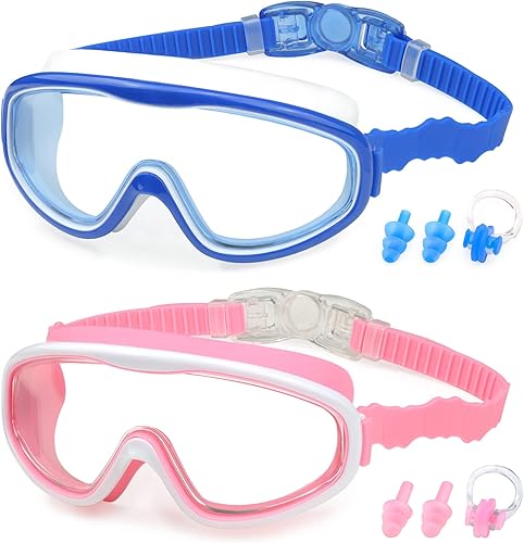 Miniatura 11 de KAILIMENG Gafas de natación para niños, paquete de 2 gafas de natación para edades de 3 a 15 años, antivaho y anti-rayos UV Cear de visión amplia
