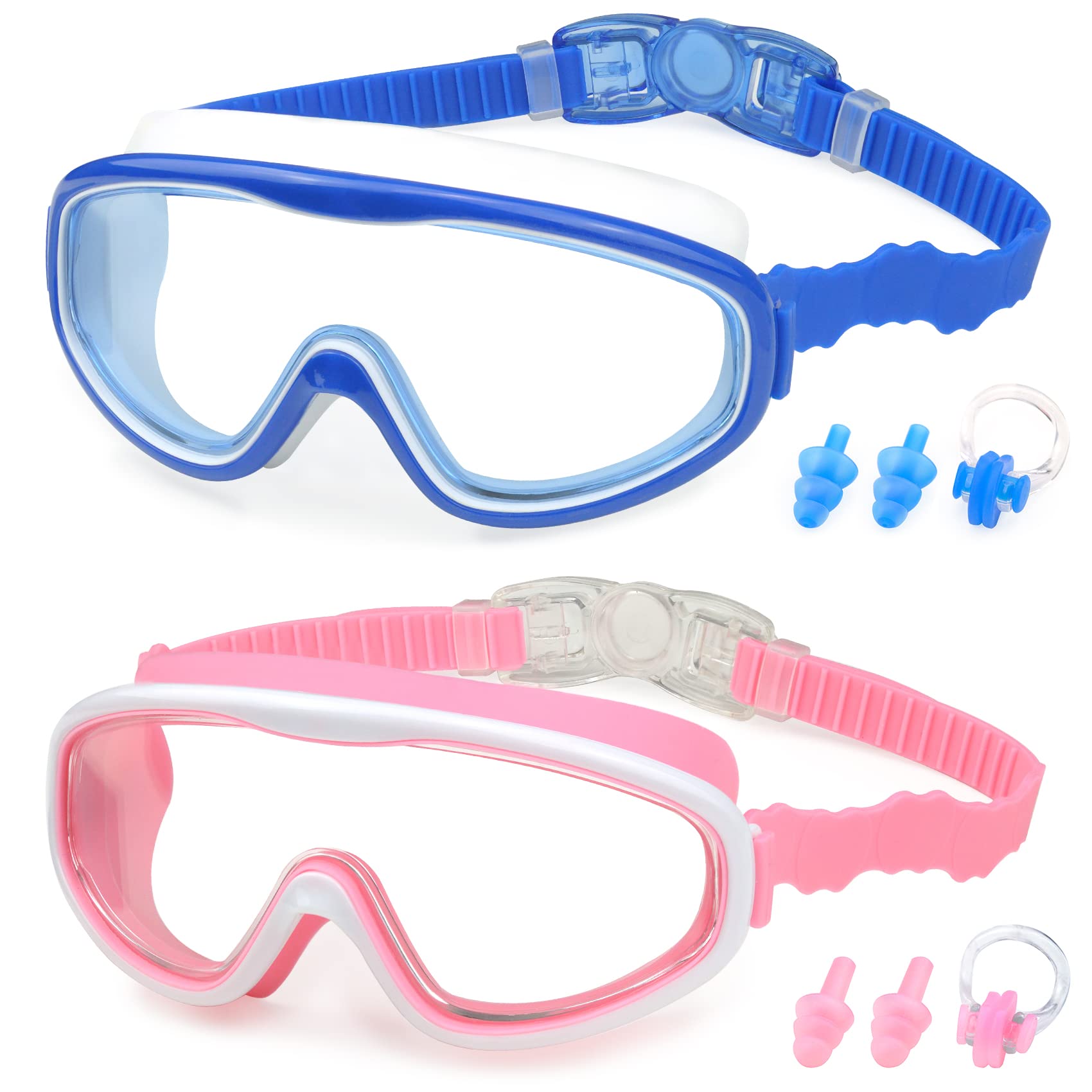 KAILIMENGKids Swim Goggles, Clear Wide View No-Leak Anti-Fog UV Protection Swimming Glasses with Nose Clip Earplugs for Toddlers Youth Child 4-15 Years Old (Blue & Pink, 2 Pack)