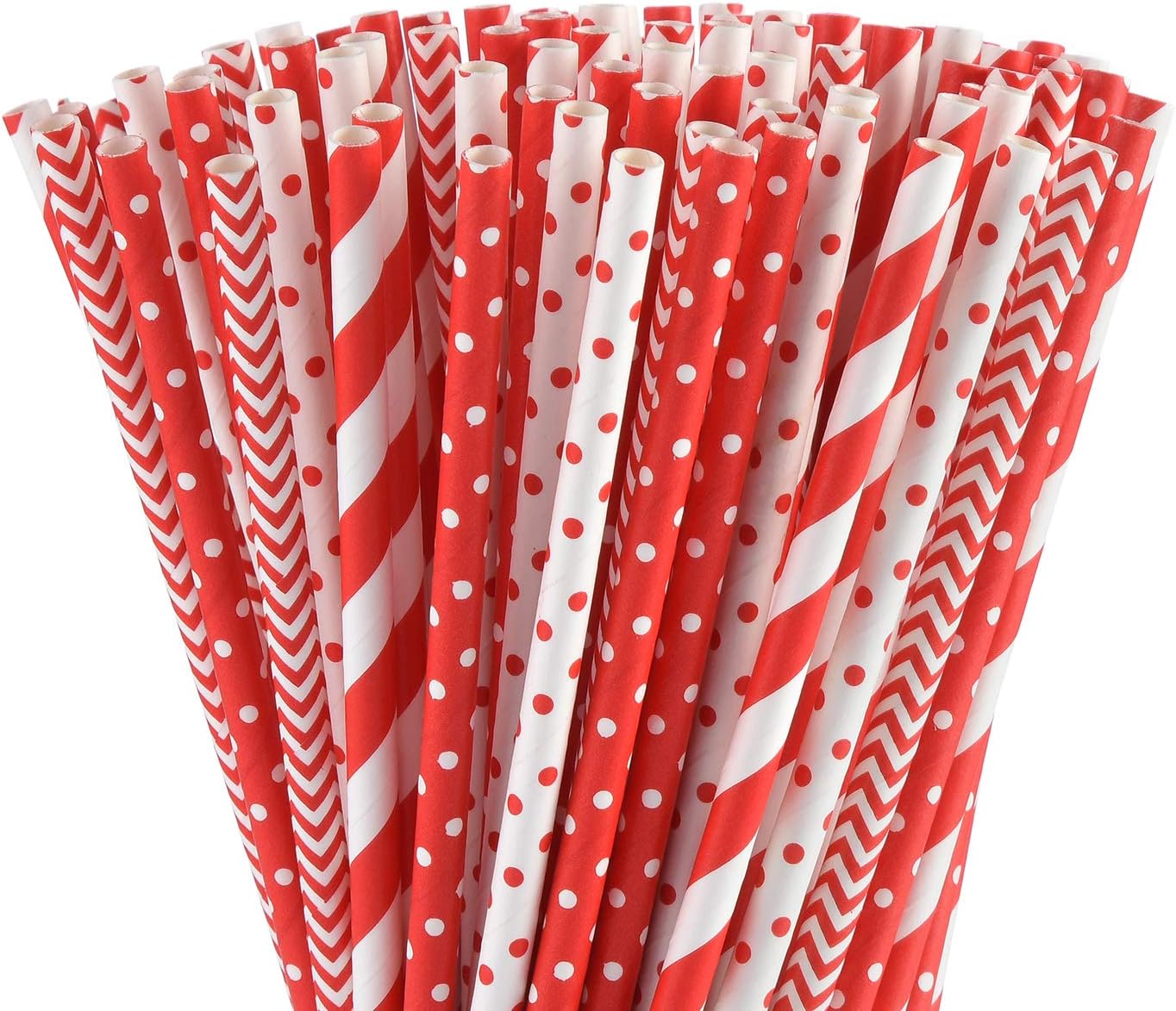 ALINK Biodegradable Red Paper Straws Bulk - 100 Dots/Stripes/Waves Straws for Beverage, Christmas, Holiday, Birthday, Wedding, Baby/Bridal Shower, Party and Decoration