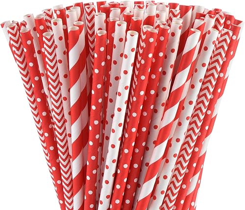 ALINK Pajitas de papel rojo biodegradables a granel – 100 puntos/rayas/ondas pajitas para bebidas, Navidad, vacaciones, cumpleaños, boda,
