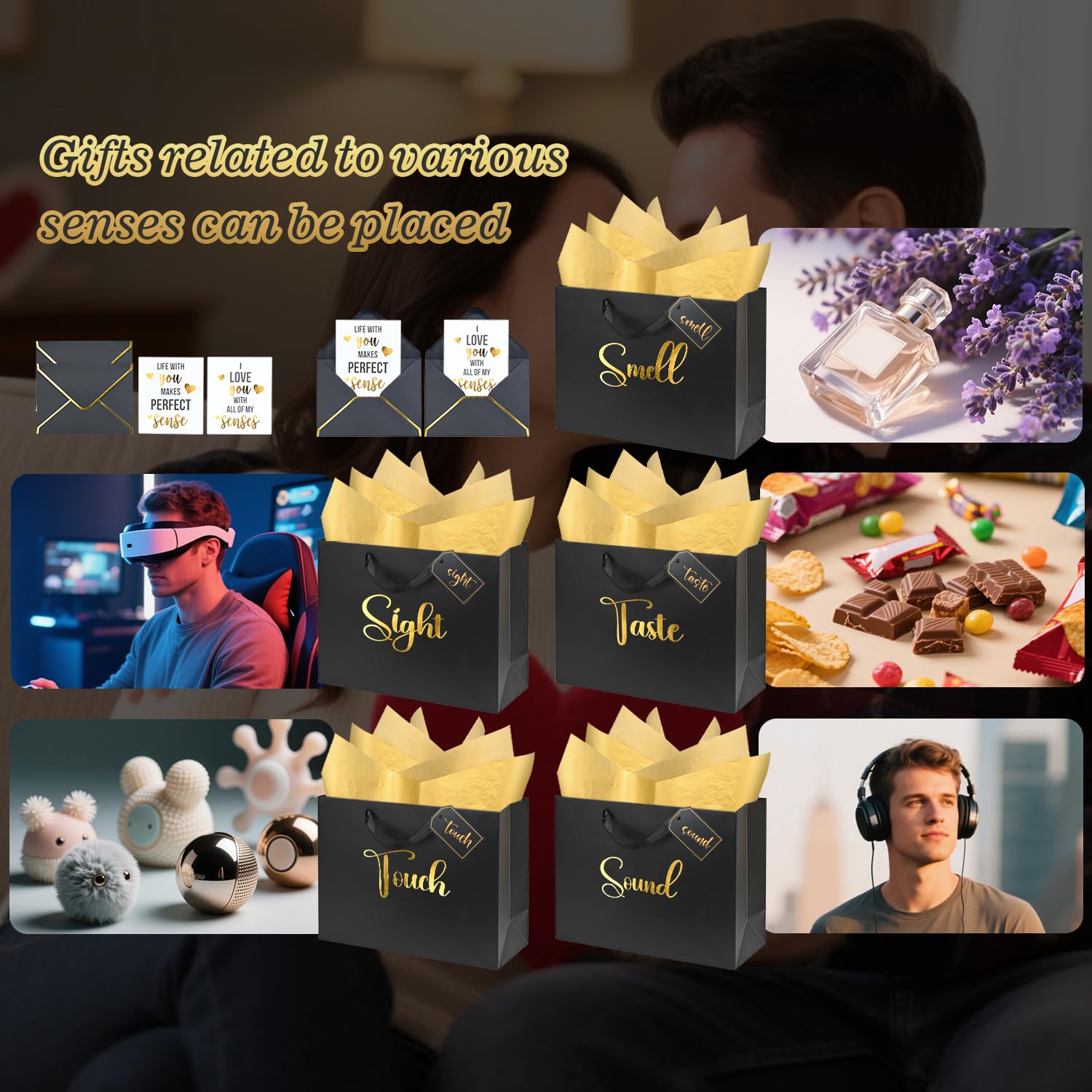 Nimbbex 13'' Large 5 Senses Gift Bags for Him Her with Labels Envelopes and Cards, Gold Foil Five Senses Gift Bags with Tissue Handle for Birthday, Anniversary, Mother's Day, Valentine's Day (Black)