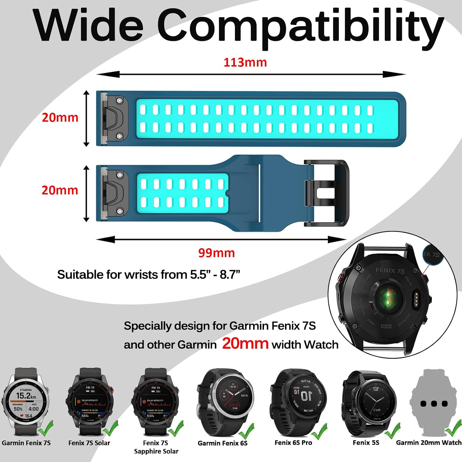 Miimall Compatible for Garmin Fenix 7 Band, 22mm Width Soft Silicone Sport Waterproof Replacement Strap Band for Garmin Fenix 7/7 Solar/7 Sapphire Solar/6/5/Garmin Instinct Women Man(Blue, Mint Green)