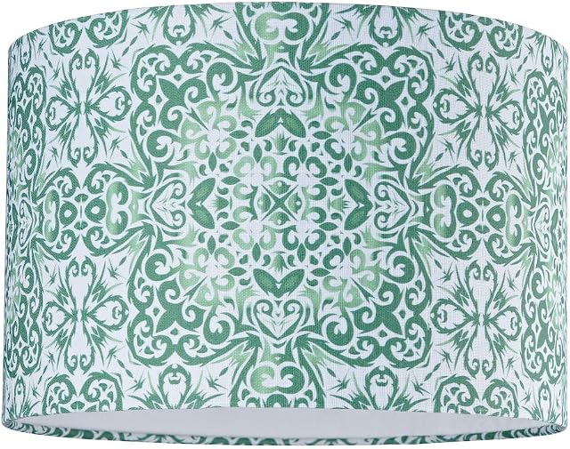 Happy Homewares Chic Moroccan Kaleidoscope Design 12" Dark and Light Green Drum Lampshade | 60w Maximum | Luxurious Inner White Satin Fabric