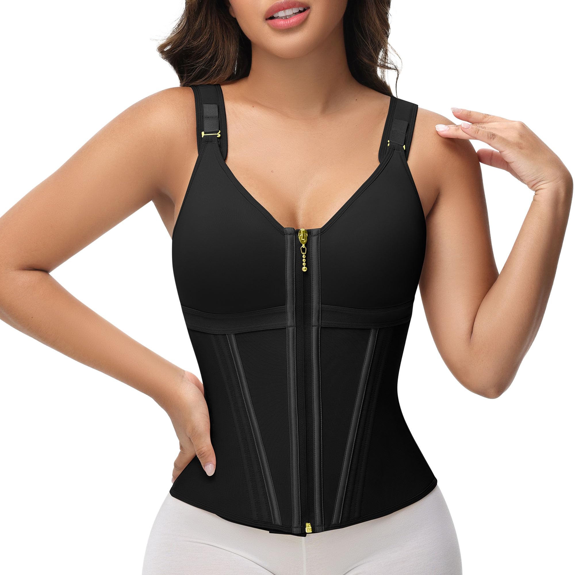 Photo 1 of SHAPSHE Waist Trainer Corset for Women Tummy Control Sport Workout Body Shaper Vest for Women Postpartum Gym Zipper and Hooks Black XS