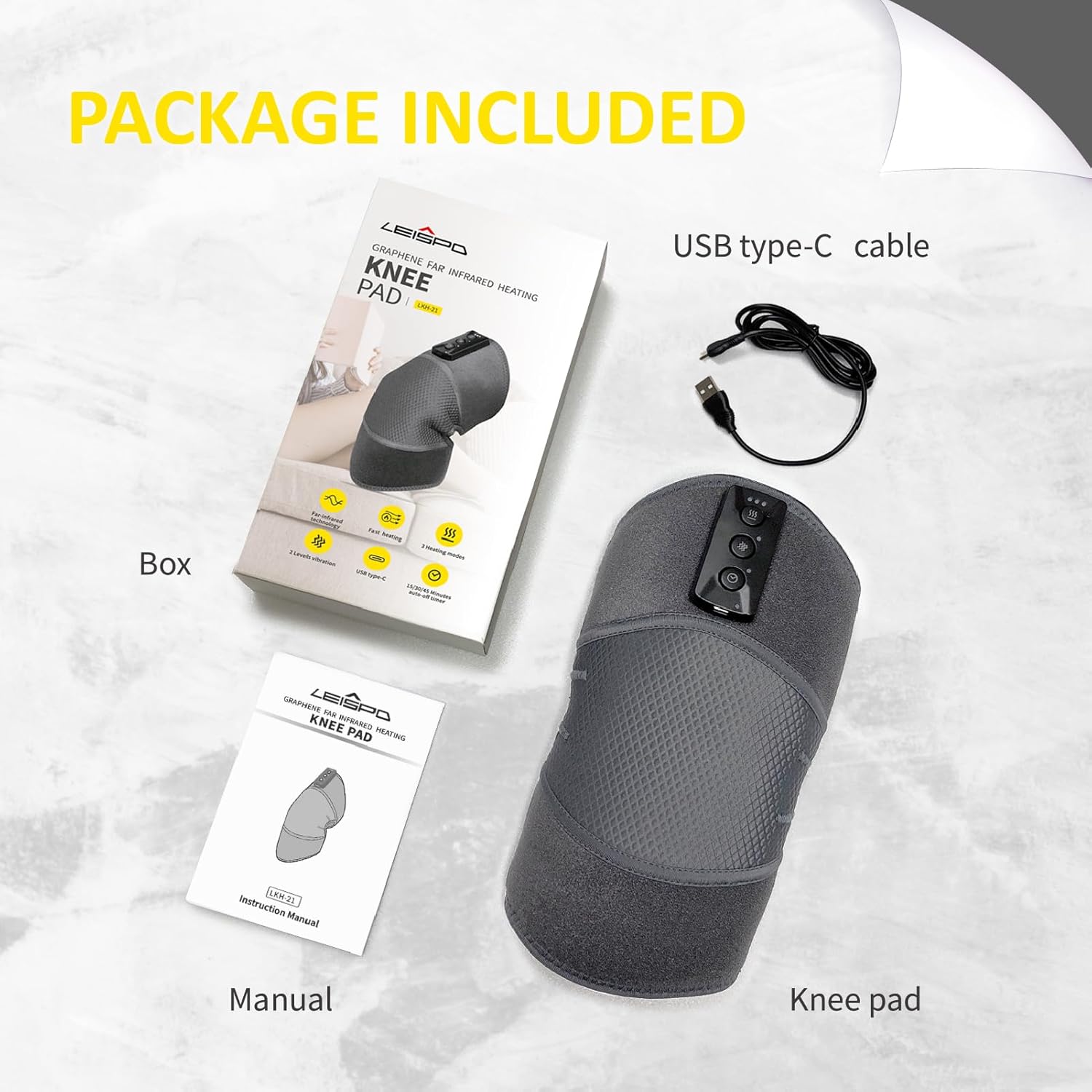 Graphene Heating Knee Pad with Vibration & Timer – USB Type-C Heated Knee Wrap with 3 Heat Levels & 2 Vibration Modes, Adjustable Strap & Breathable Mesh for Relaxing Warmth and Comfort