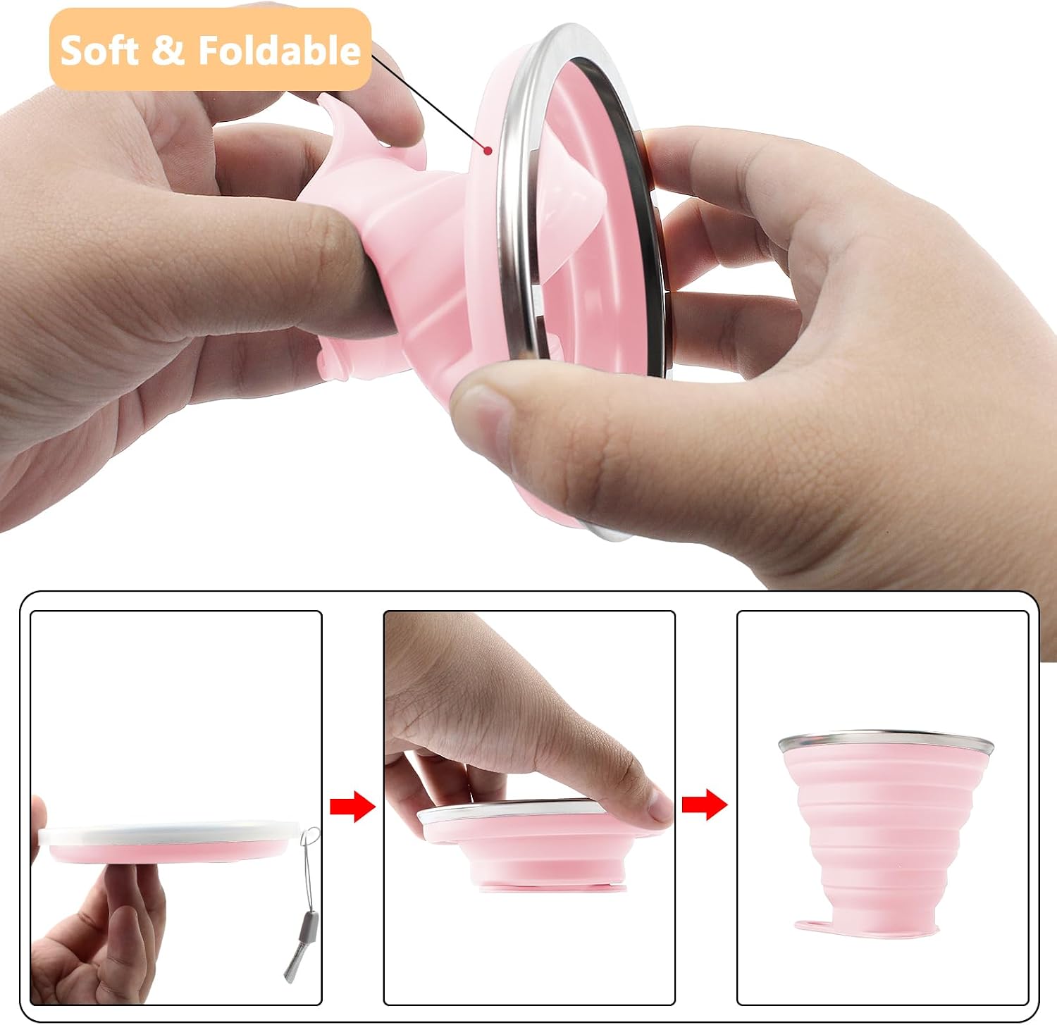 Litoexpe 2 Pack Silica gel Collapsible Travel Cup 270ml, Pink & Green image 3