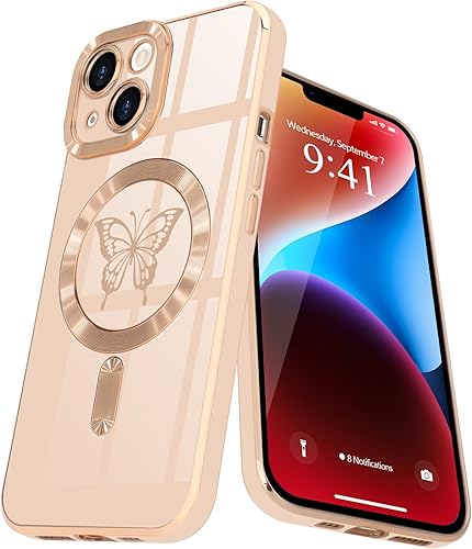 Lafunda Funda magnética para iPhone 14 para mujeres y niñas, compatible con MagSafe, protección de la cámara, funda de silicona antiarañazos chapada