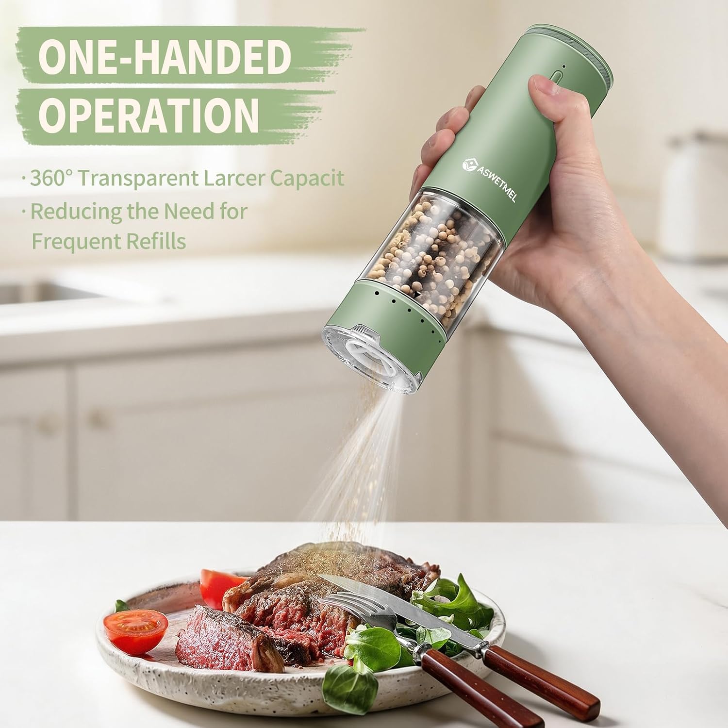 Electric Salt and Pepper Grinder Set, ASWETMEL USB Rechargeable, Automatic Salt Pepper Mill Grinder with Dust Cover, One-Button Control, Adjustable Coarseness, White LED Light (2 Packs)