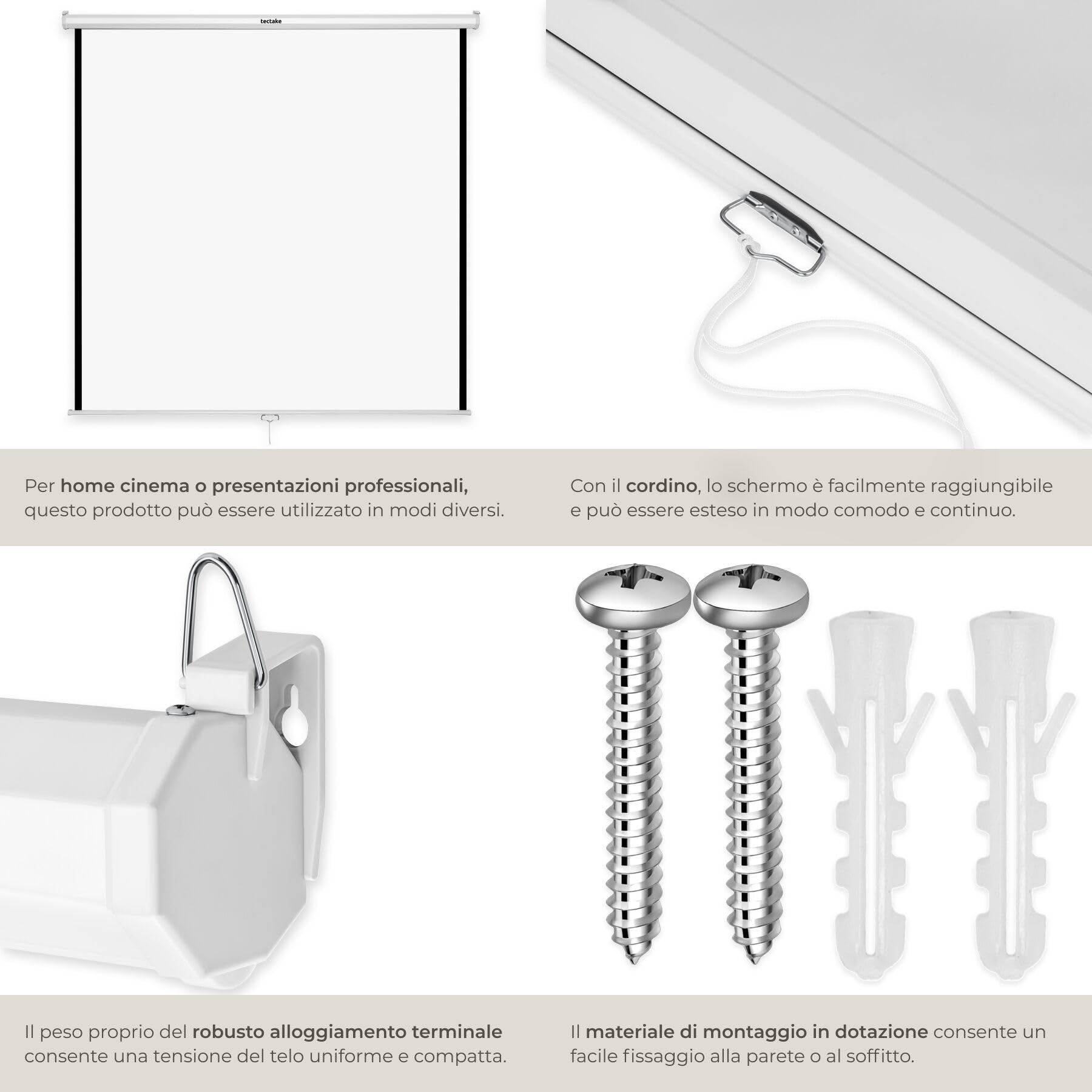 tectake® Schermo Proiettore 152x152cm, Avvolgibile, Diagonale 84", Gain Factor1.0, Formati 1:1, 4:3, 16:9, Schermo a Parete, Soffitto, Cinema a Casa, Home Cinema, Ufficio, Ottimizzato per HDTV e 3D