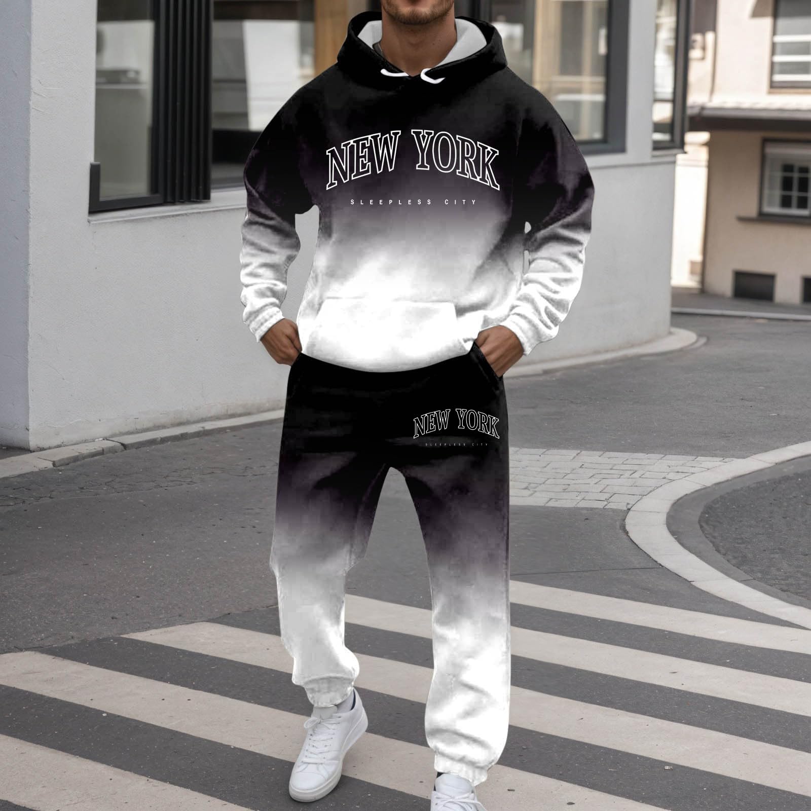 Generisch New YORK - Tuta da jogging da uomo, con logo sfumato, con cappuccio e pantaloni da jogging, a maniche lunghe, Y2K, comoda tuta sportiva
