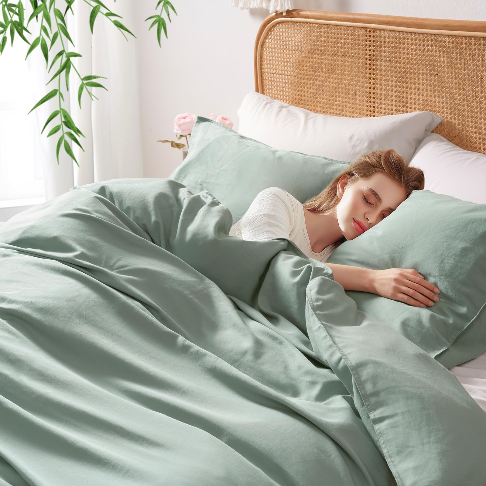 PHFCooling Duvet Cover King, 80% Rayon Derived from Bamboo & 20% Linen, Soft Breathable Duvet Cover Set for Hot Sleepers, 3PCS Luxurious Silk Comforter Cover Bedding Collection, 104"x90", Sage Green