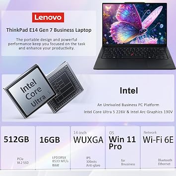 Lenovo ThinkPad E14 Gen 7 14 FHD+, Intel Ultra 5 226V, 16GB RAM, 512GB SSD | Business AI PC Laptop, Anti-Glare,gt; AMD Ryzen 7 250, 8533 MT/s DDR5, 2x Thunderbolt 4, USB C HUB, Lightweight, Win 11 Pro