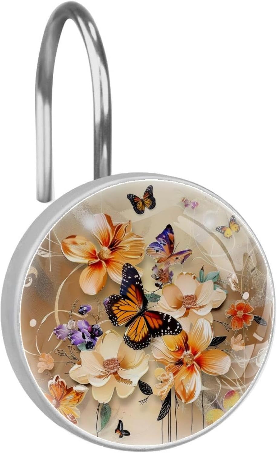 12PCS Round Shower Curtain Hooks, Flowers with Butterflies Painting Crystal Decorative Curtain Rings, Rustproof Shower Rings for Bathroom Home Decor