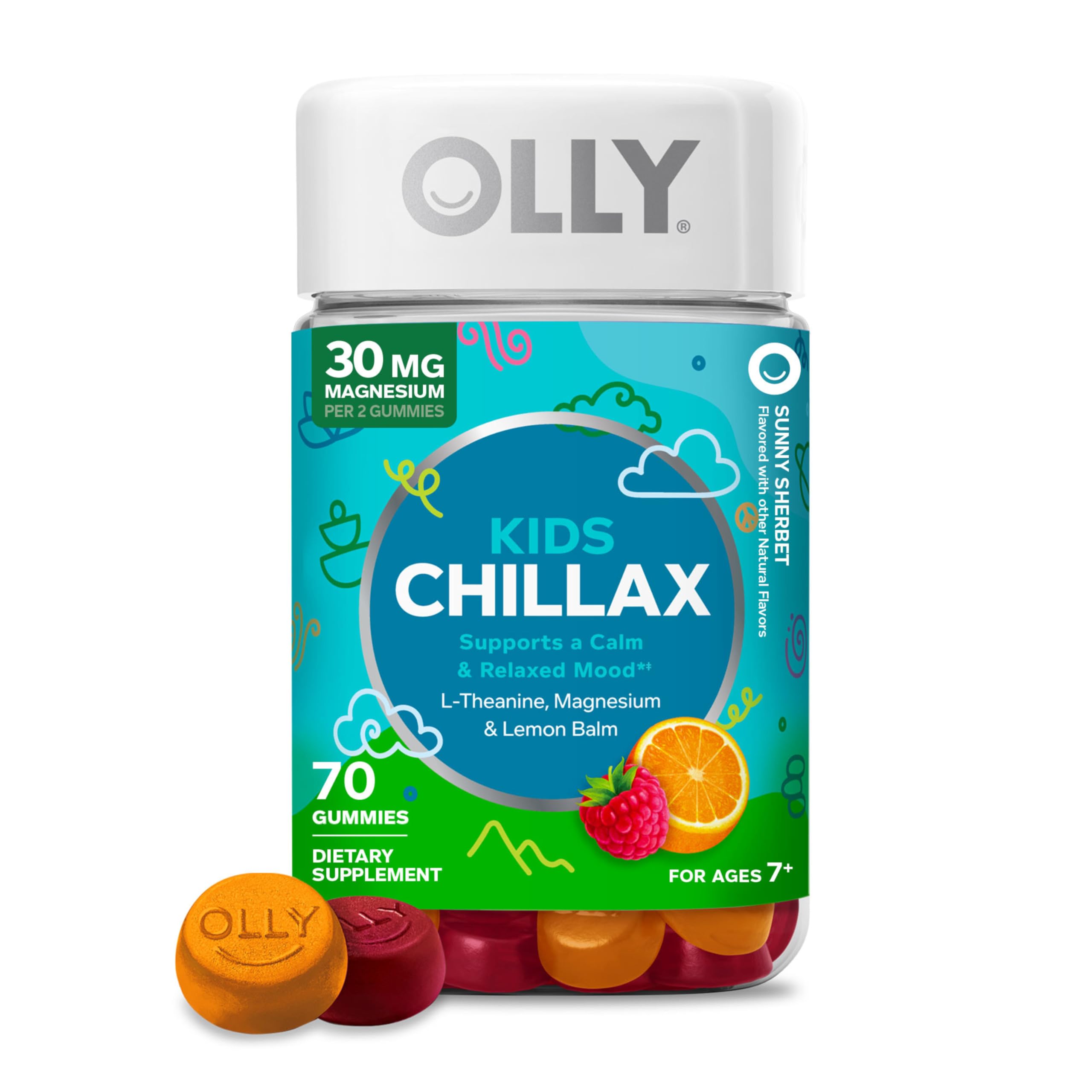 OLLY Kids Chillax Gummy for a Calm and Relaxed Mood Magnesium L-Theanine Lemon Balm Extract Chewable Supplement Sherbet