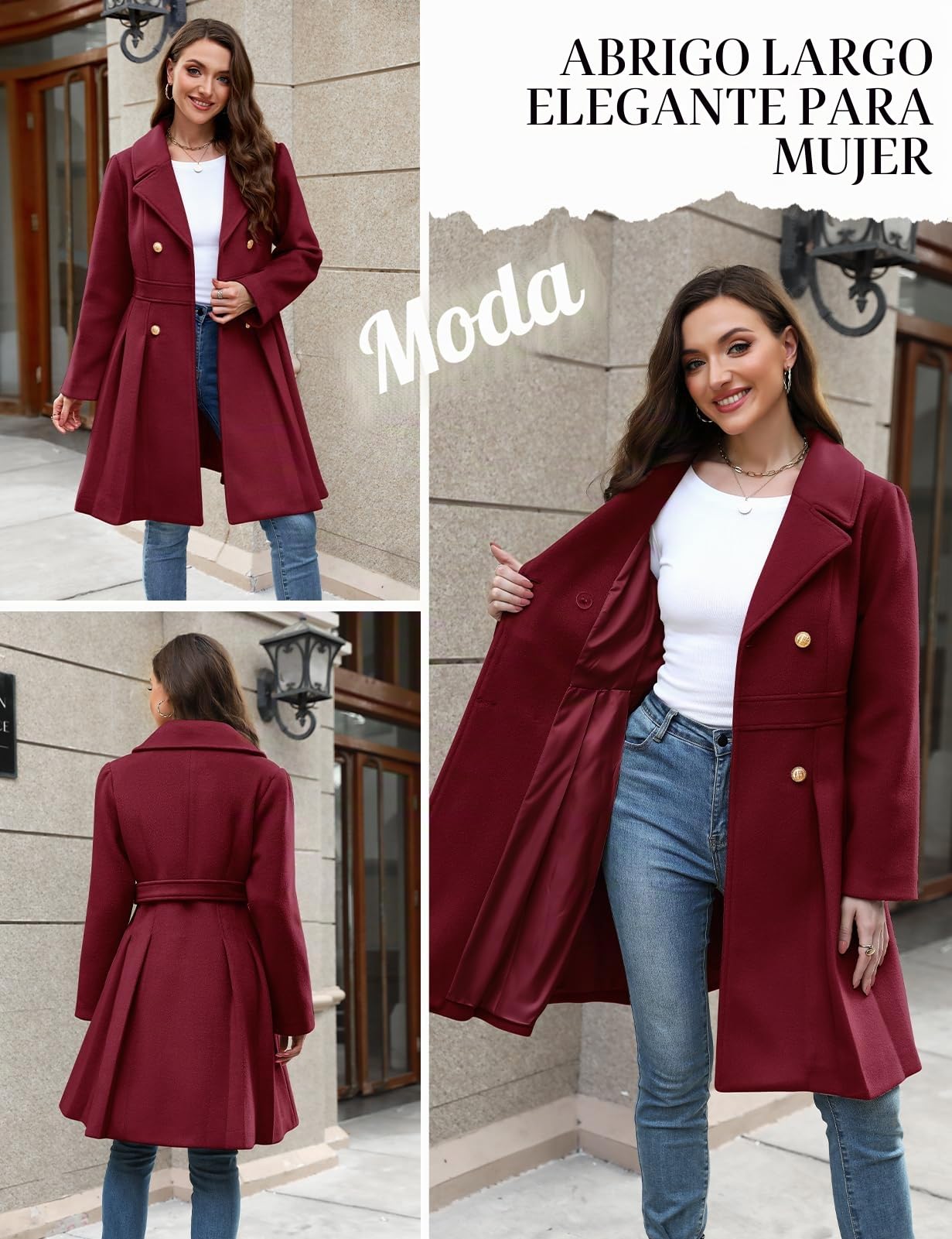 Vancavoo Abrigo Mujer Invierno Casual Abrigos con Cinturón Larga Térmico Abrigos Doble Botonadura Elegantes Coat con Cuello de Solapa Chaquet