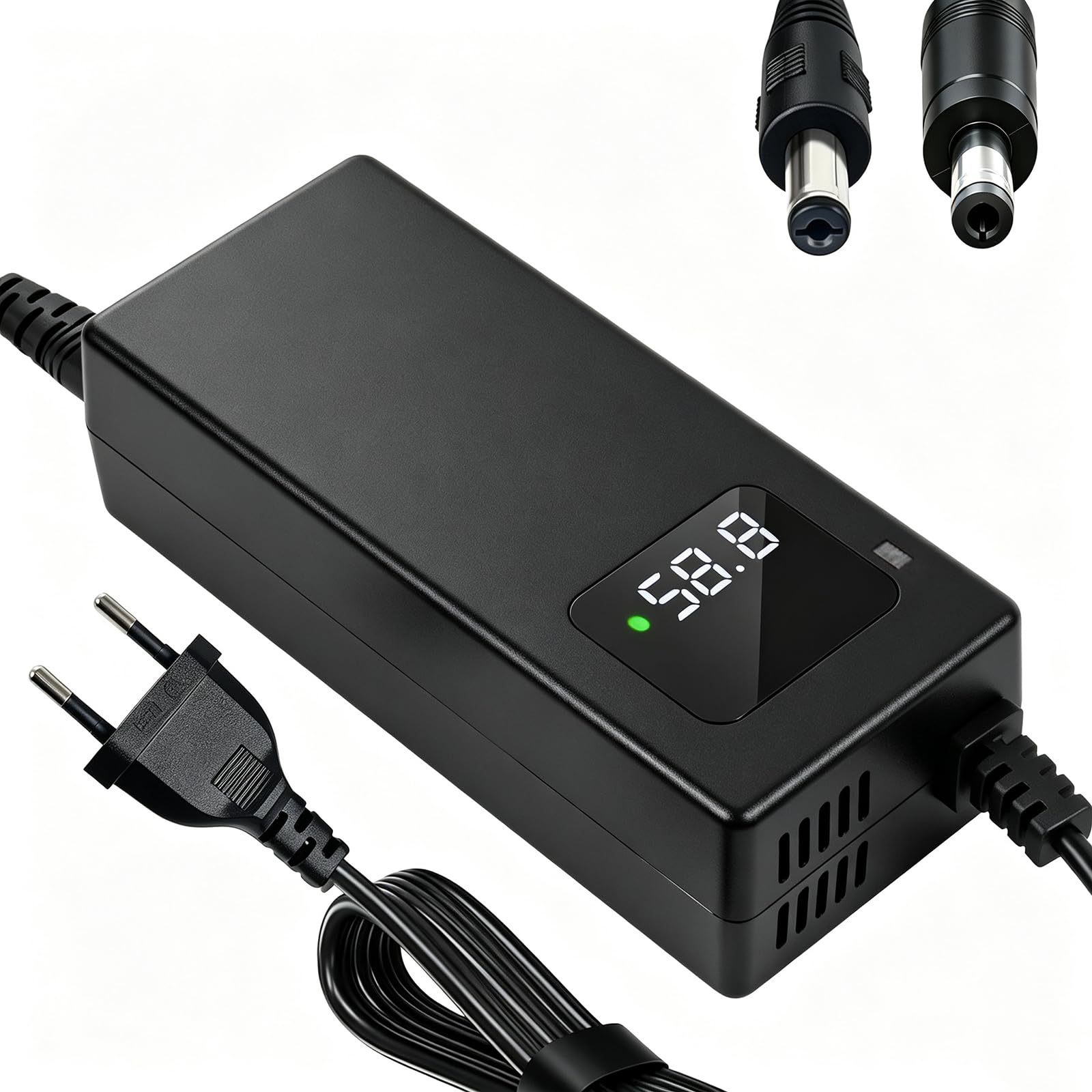 Chargeur de batterie au lithium 58,8 V 2 A adaptateur CA pour batteries 14S 52 V/51,8 V, avec indicateur de tension LED en temps réel, équipé d'une prise DC 5,5 × 2,1 mm (avec adaptateur 5,5 × 2,5 mm)