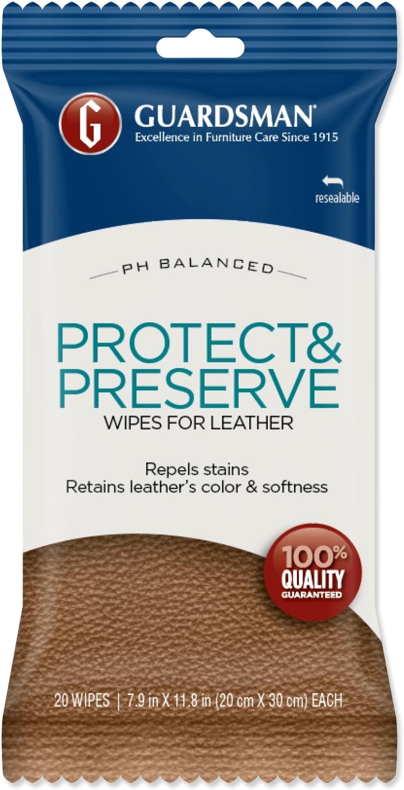 Protect & Preserve Wipes For Leather 20 Wipes - Repels Stains, Retains Color and Softness, Great for Leather Furniture & Car Interiors - 470600