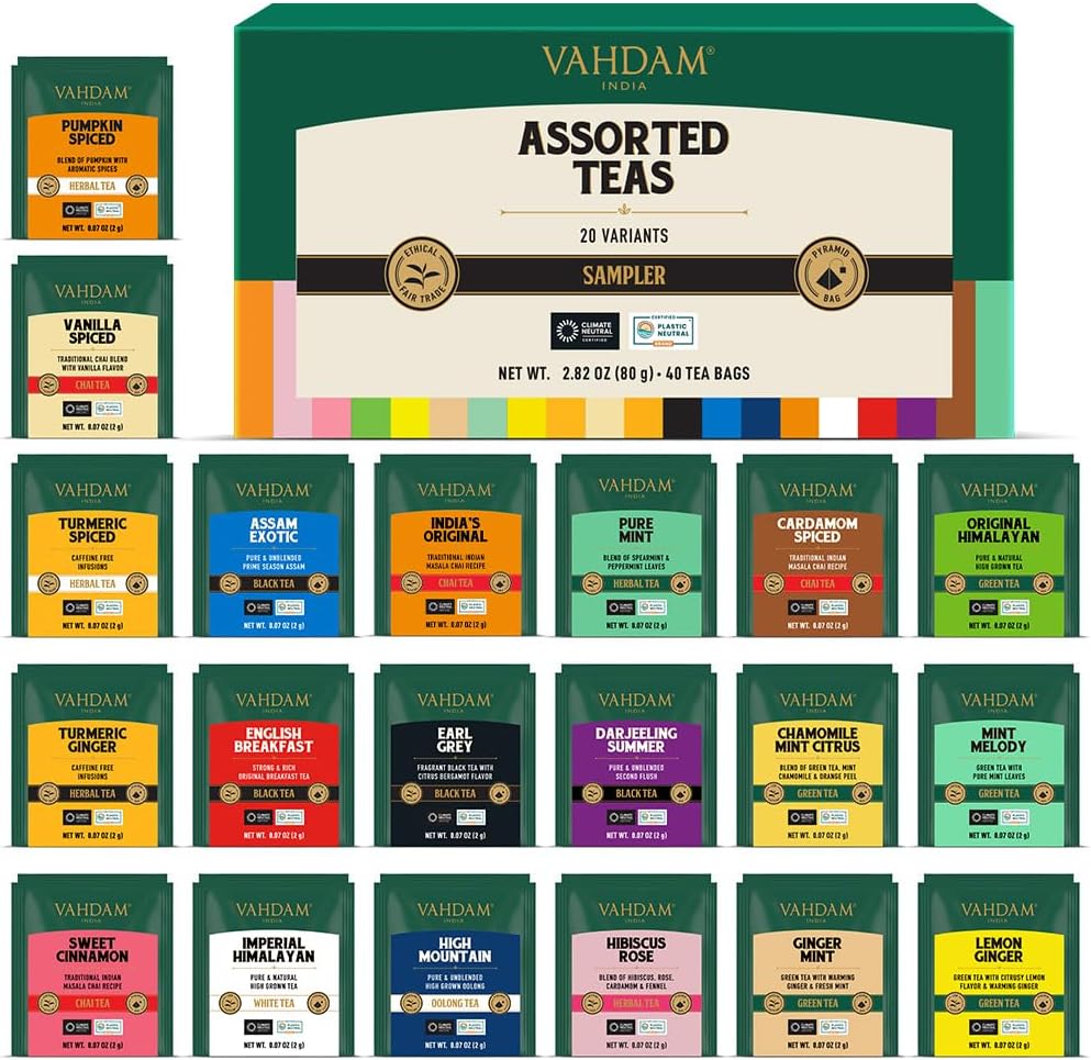 VAHDAM, Assorted Tea Sampler (20 Delicious Variety, 40 Individually Wrapped Pyramid Teabags) Long Leaf Premium Teas I Tea Gift Set for Mom | Mother’s Day Gift I Gift Ideas for Tea Lovers