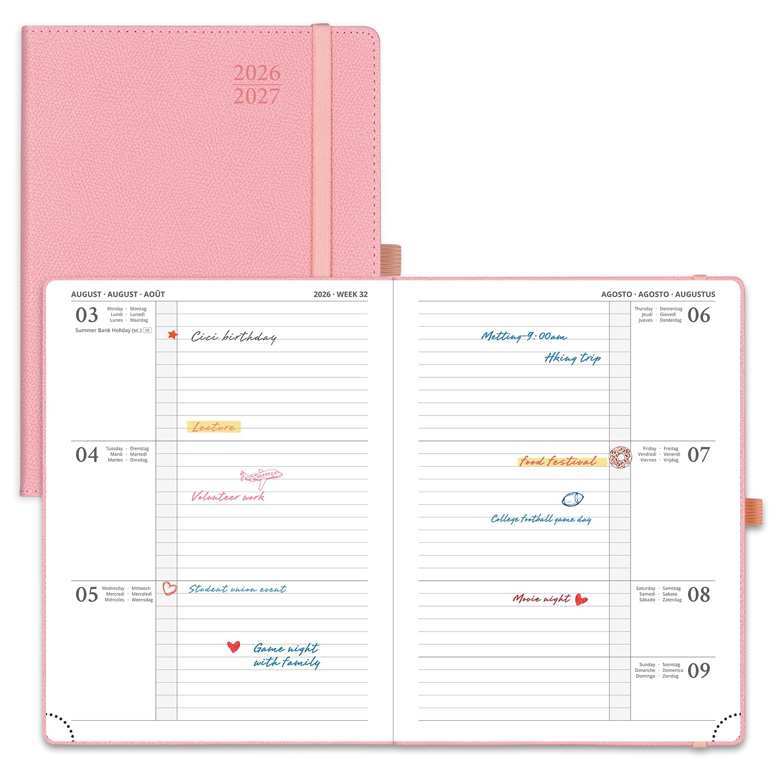 POPRUN A5 Academic Diary 2026-2027 Hardback Week to View (22x16.5 cm) 26/27 Horizontal Weekly Planner 17 Months (Aug'26 - Dec'27) Mid Year(Soft Pink) โ image 1