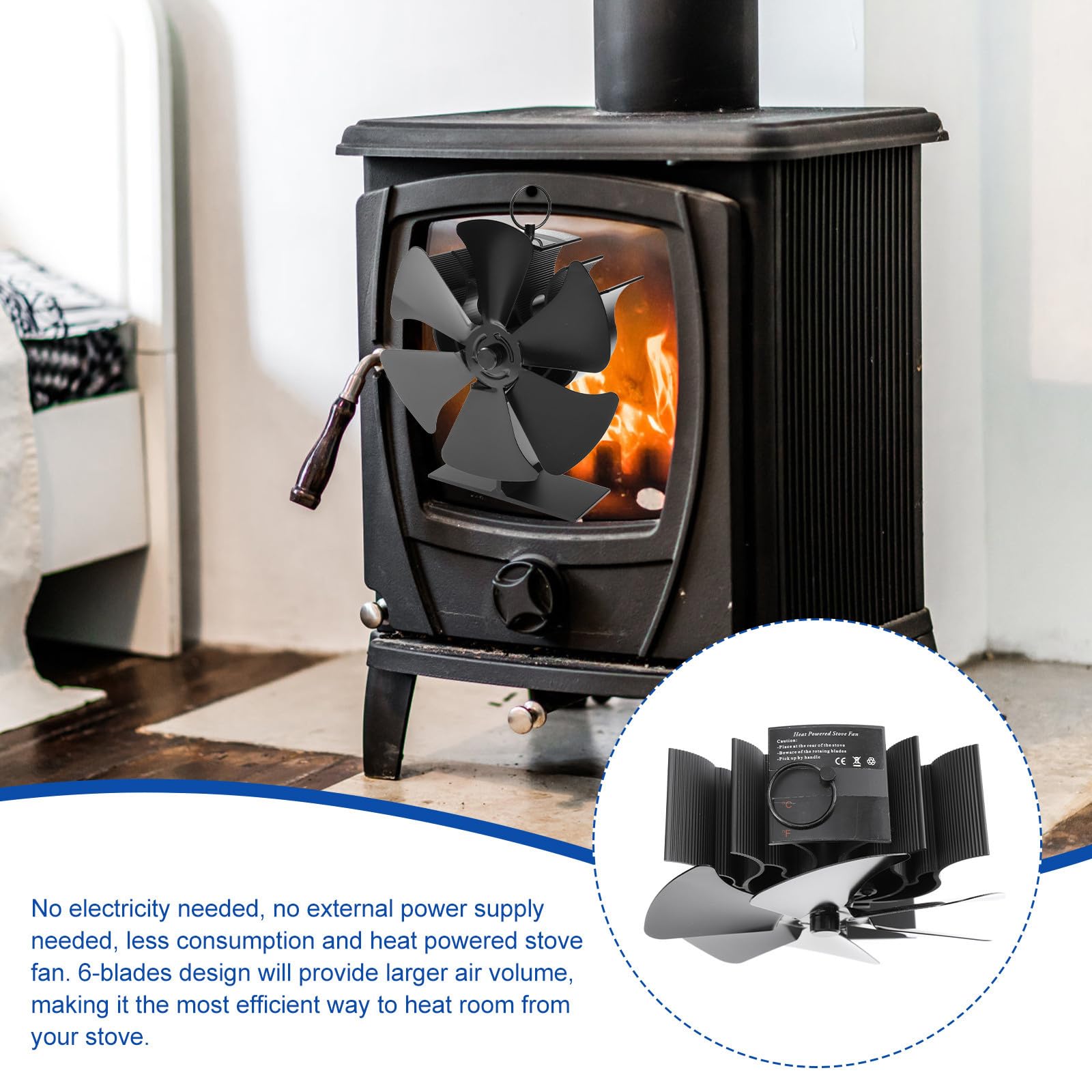 BESTYASH Ventilatore Termico per Stufa a Legna 6 Pale Nero Alluminio | Stufa Termoventilatore senza Elettricità, Ventilatore per Stufa Legna, Atmosfera Estiva