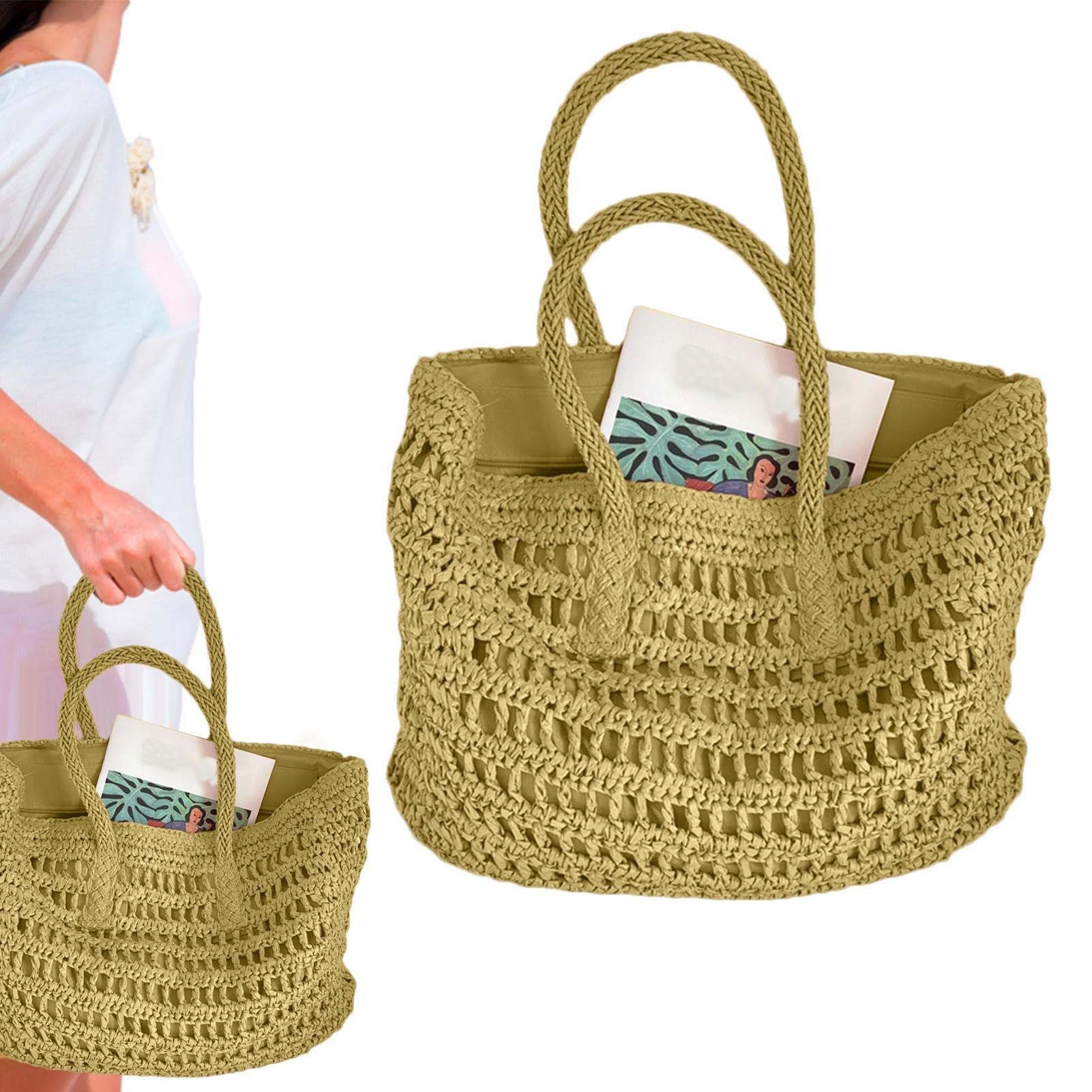 3 sztuki Duża torba ze słomy | Ręcznie tkana torba rattanowa Ręcznie wykonana torba na ramię ze słomą plażowa Summer Bag,Słomkowa torba plażowa dla kobiet, duża tkana letnia torba Torebka Torba na